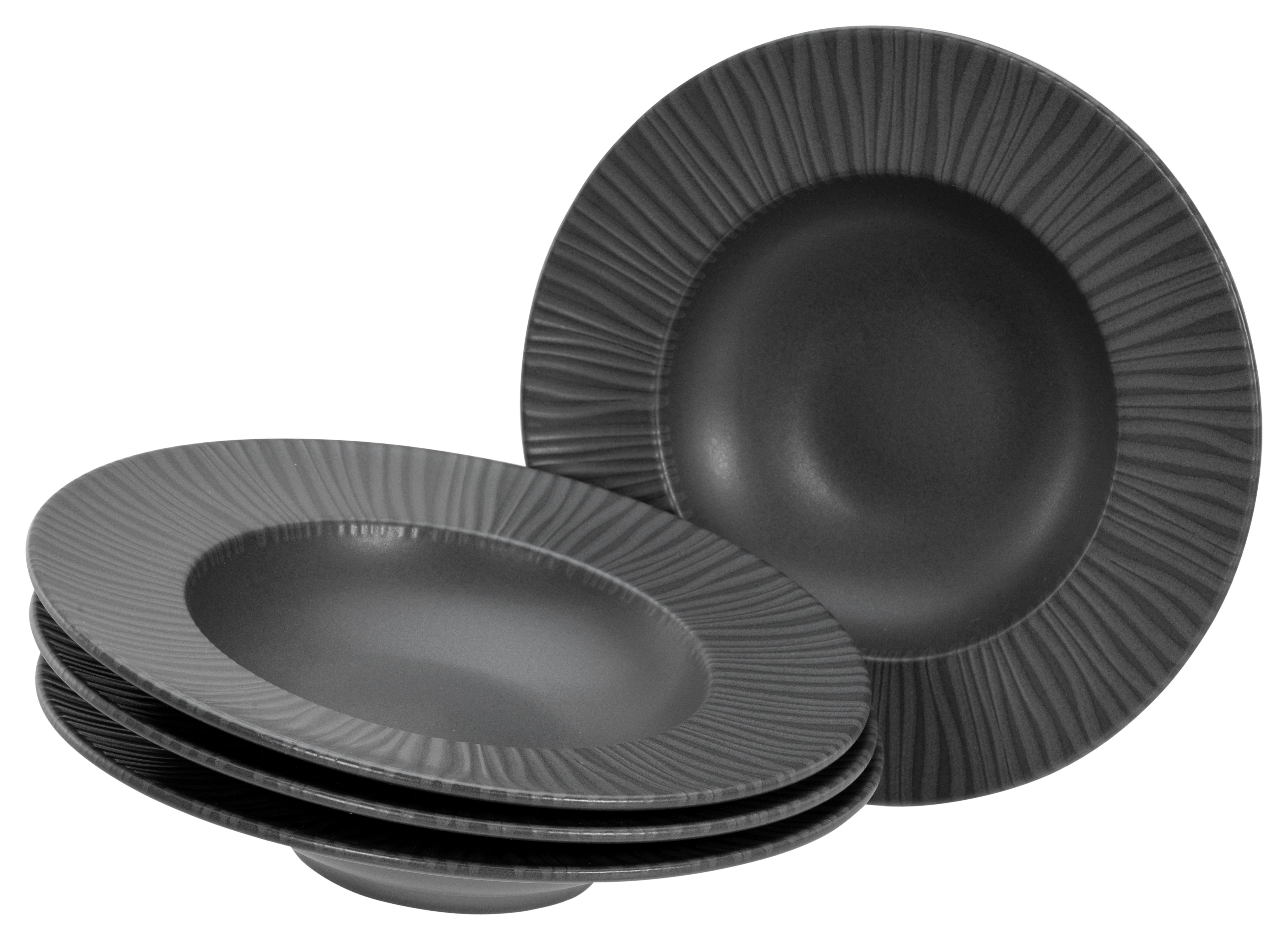 CreaTable Pastateller Vesuvio Black, Pasta Gourmetteller Set 4-tlg, (4 St), Teller Set, Seidenmatte Spezialglasur, Ausdruckstarkes Relief