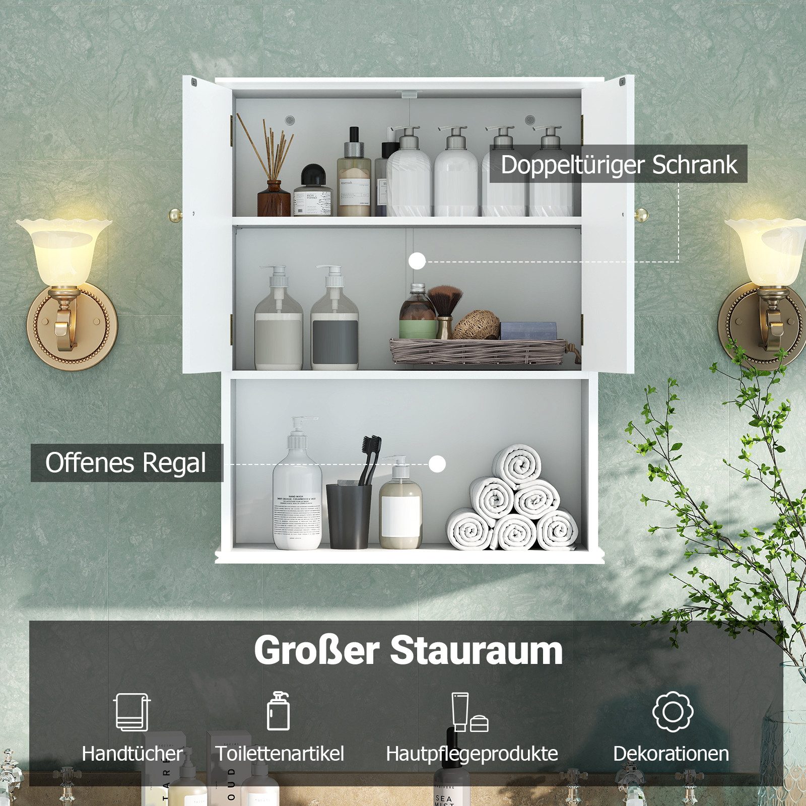 COSTWAY Hängeschrank Badezimmerschrank mit verstellbarem Regal 60x21x75cm