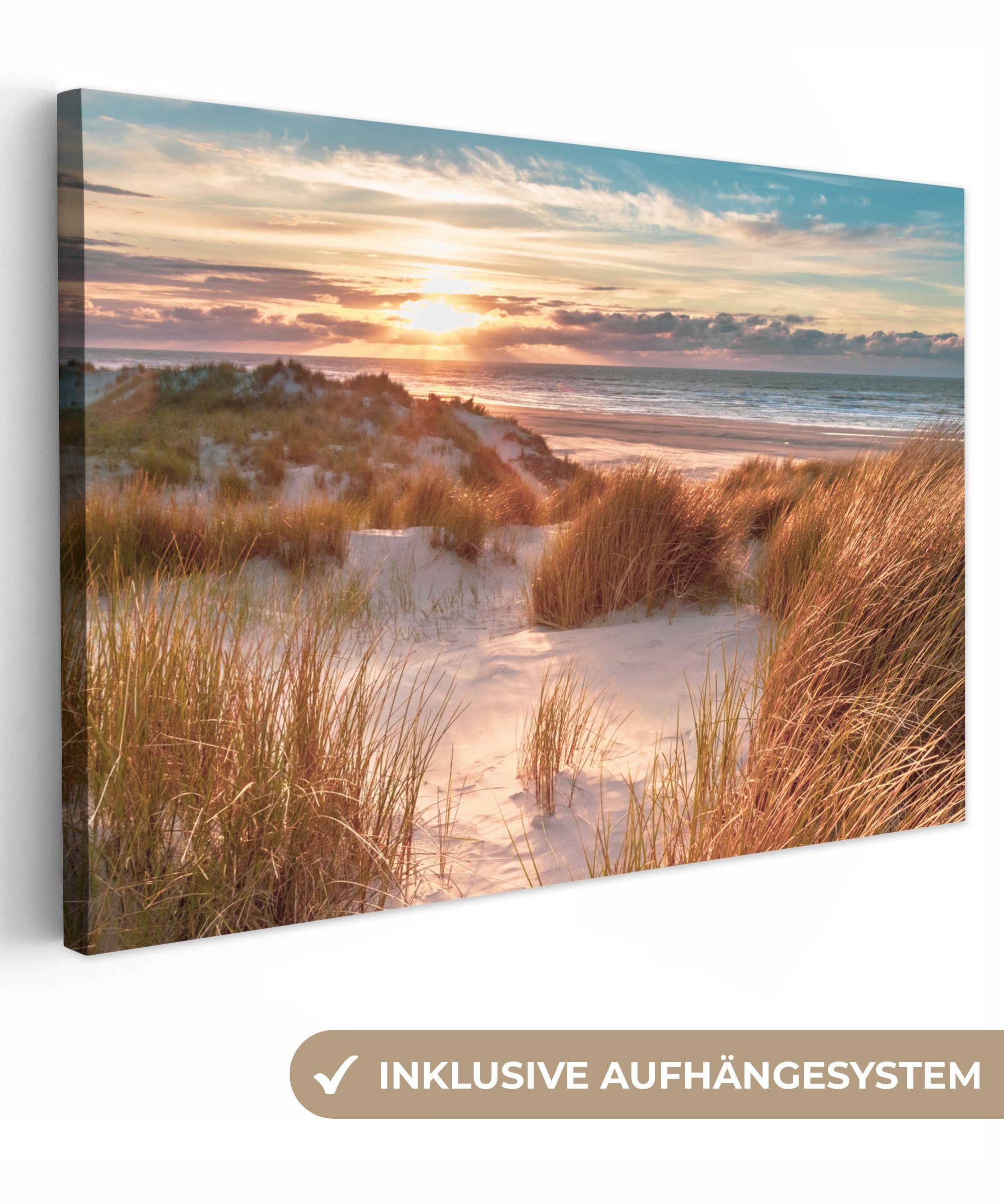 OneMillionCanvasses® Leinwandbild Düne - Pflanzen - Sonnenuntergang - Strand - Meer, Fotodruck (1 St), Leinwand Bilder Klein, Wand Dekoration Aesthetic 30x20 cm