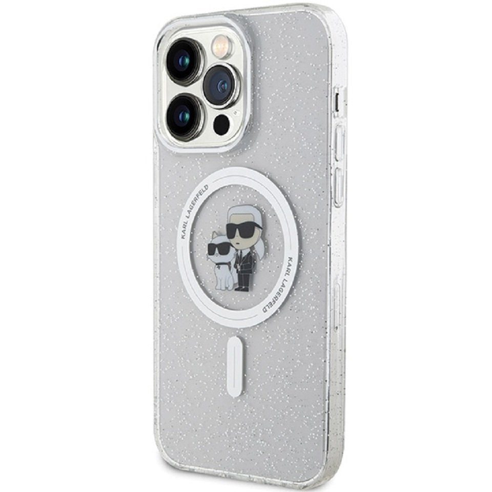 KARL LAGERFELD Handyhülle Case iPhone 15 Pro Max MagSafe Katze Glitter transparent 6,7 Zoll, Kantenschutz