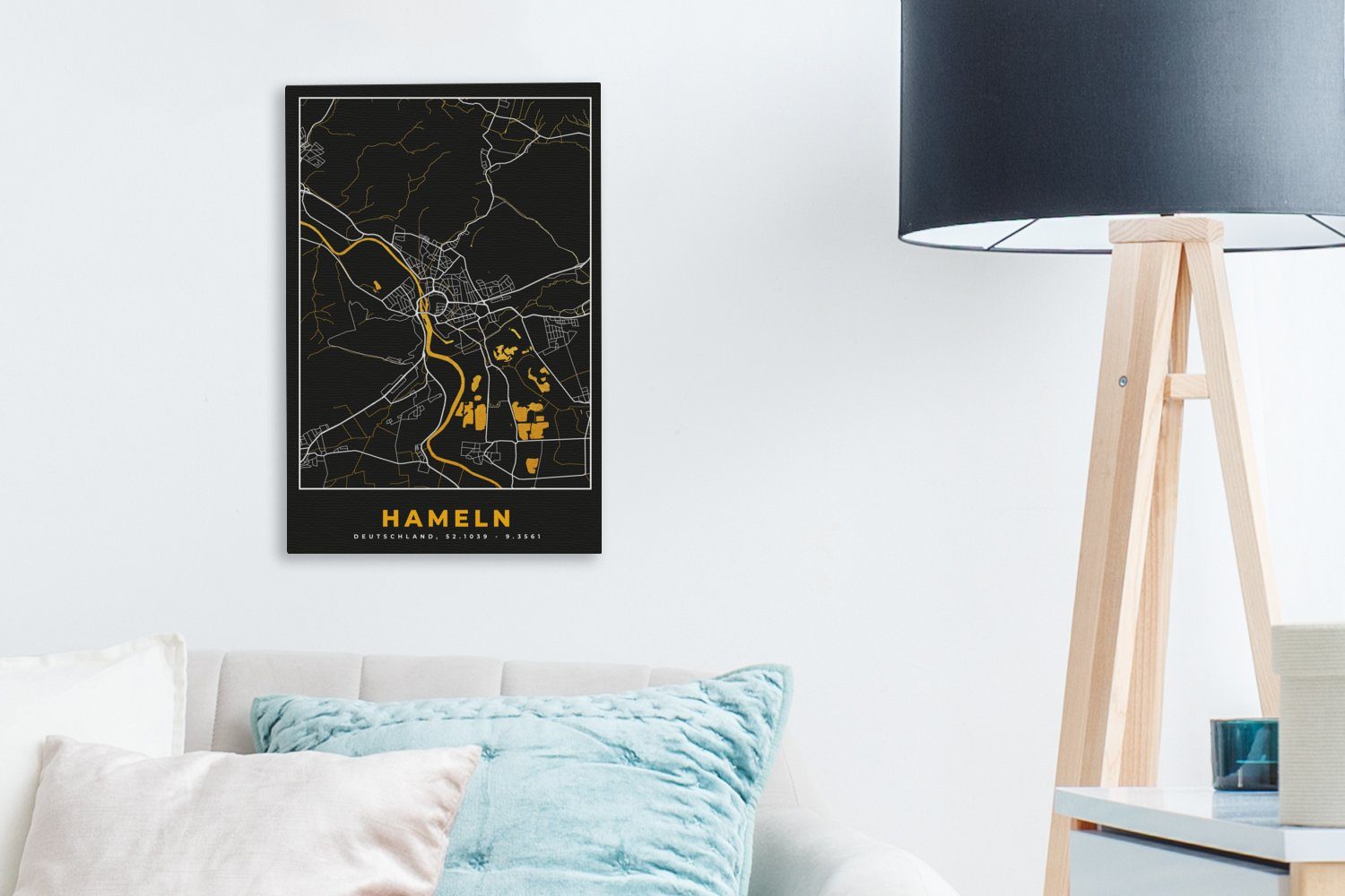 OneMillionCanvasses® Leinwandbild Deutschland - Schwarz 20x30 inkl. Zackenaufhänger, fertig bespannt - Leinwandbild St), (1 Karte, Gold und Stadtplan - cm Gemälde, Hameln 