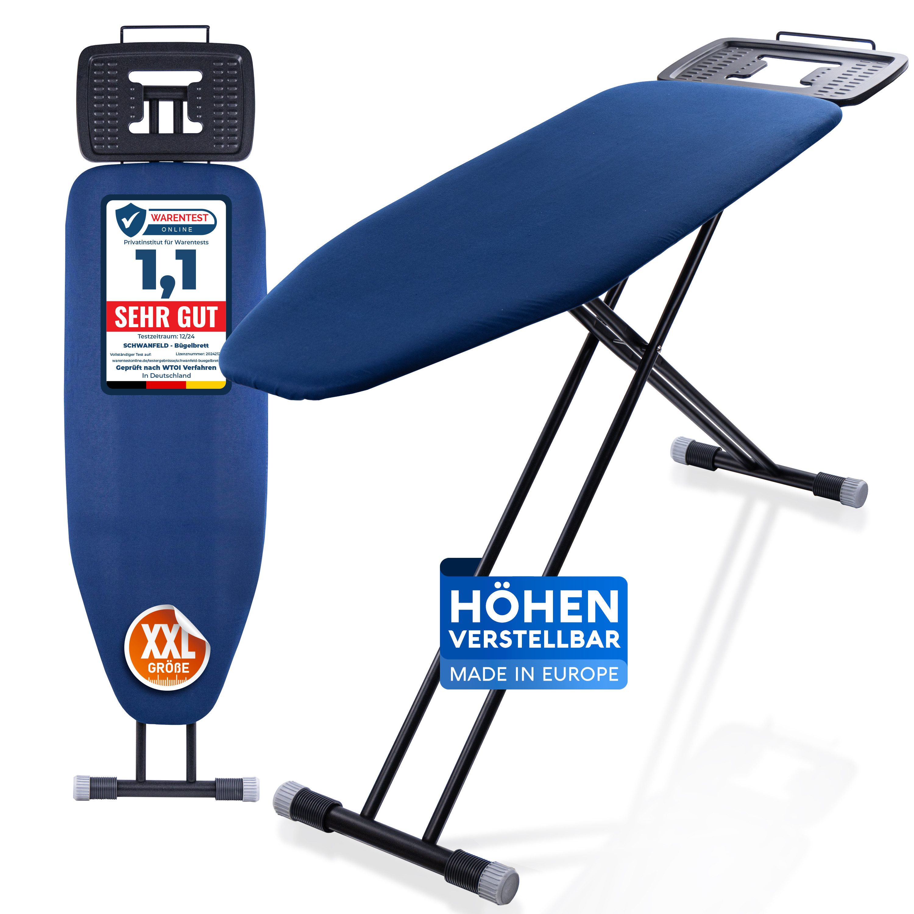Schwanfeld Bügelbrett Premium XXL 120x42cm Bügelfläche [EXTRA STABIL & HÖHENVERSTELLBAR]