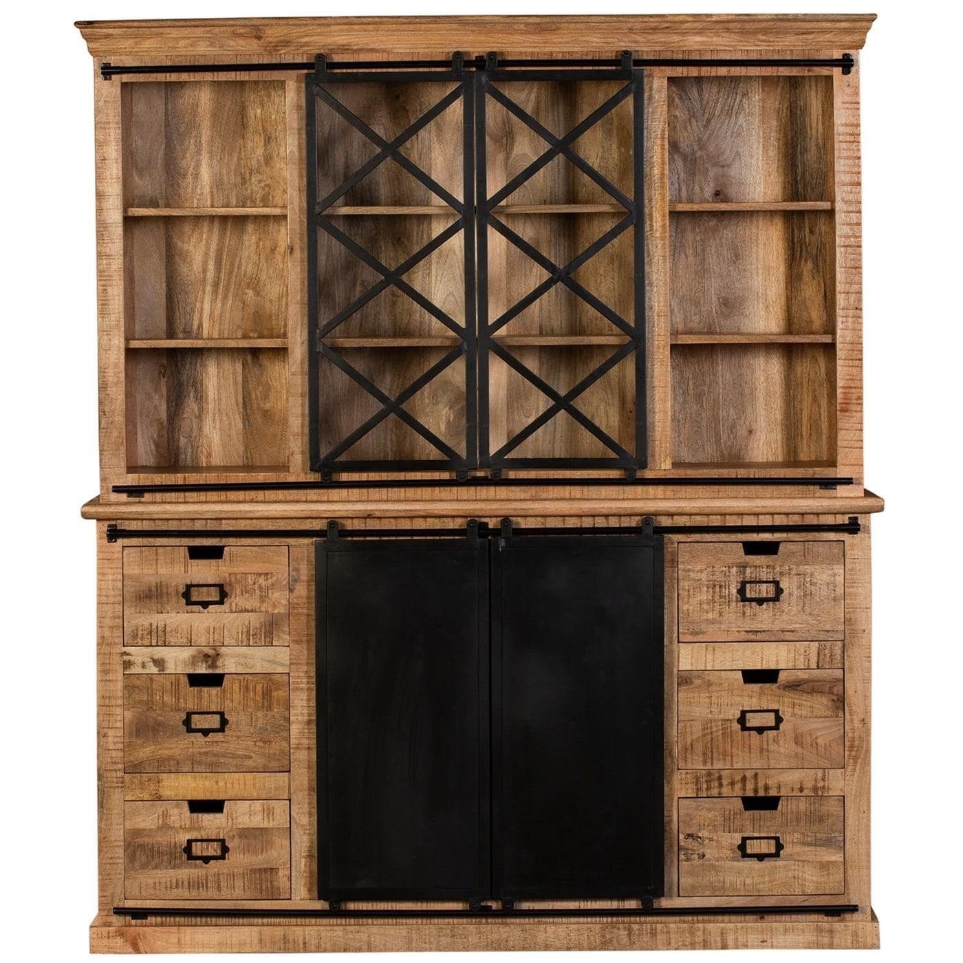 baario Buffet Schrank SELCE 180cm massiv Mangoholz & Eisen Vitrine Buffet Industrial Schiebetüren