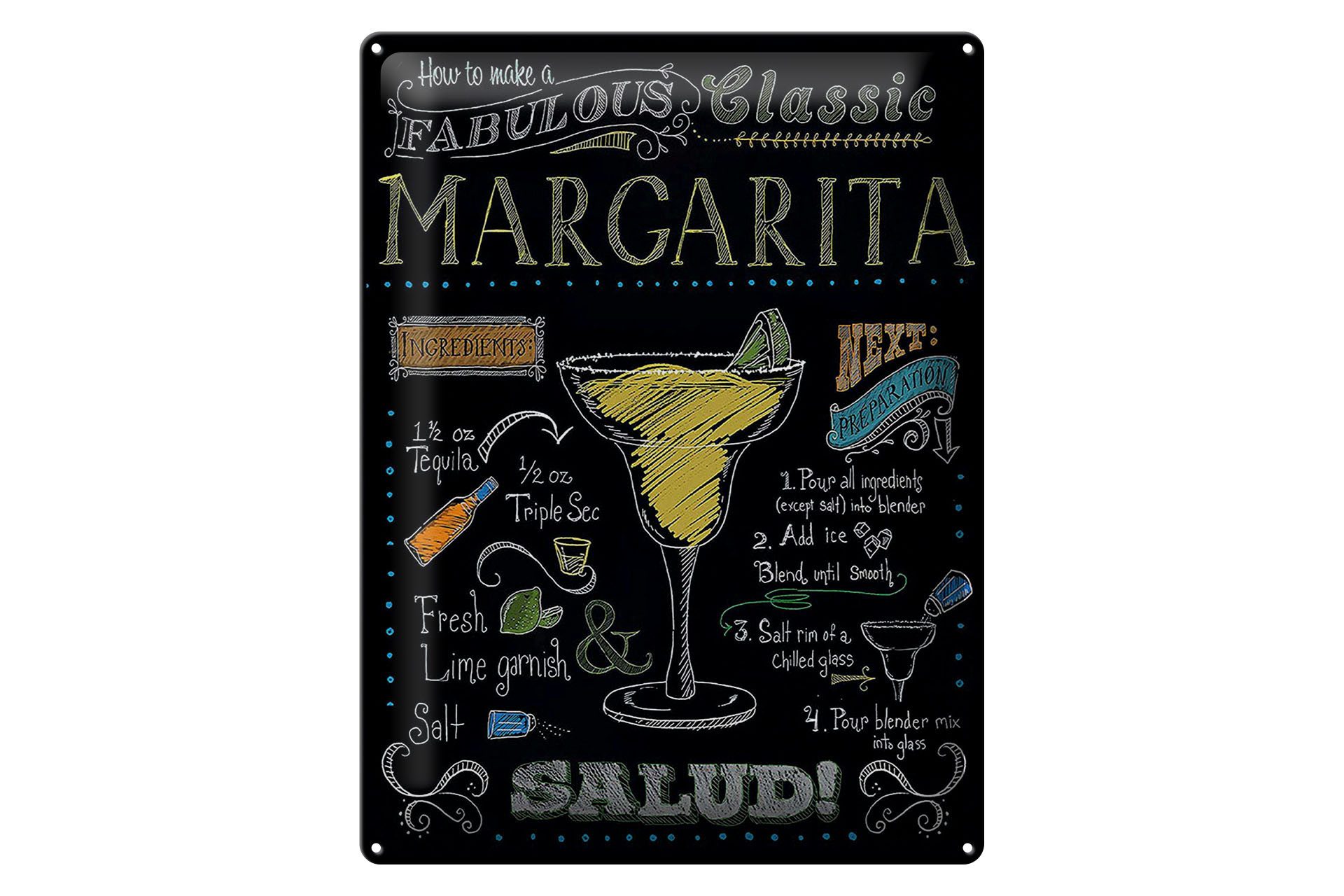 Femer GmbH Metallschild Cocktail 30x40 cm Classic Margarita Rezept Tafeloptik, (1 St), gewölbte Oberfläche, abgerundete Ecken, umgeschlagene Kanten