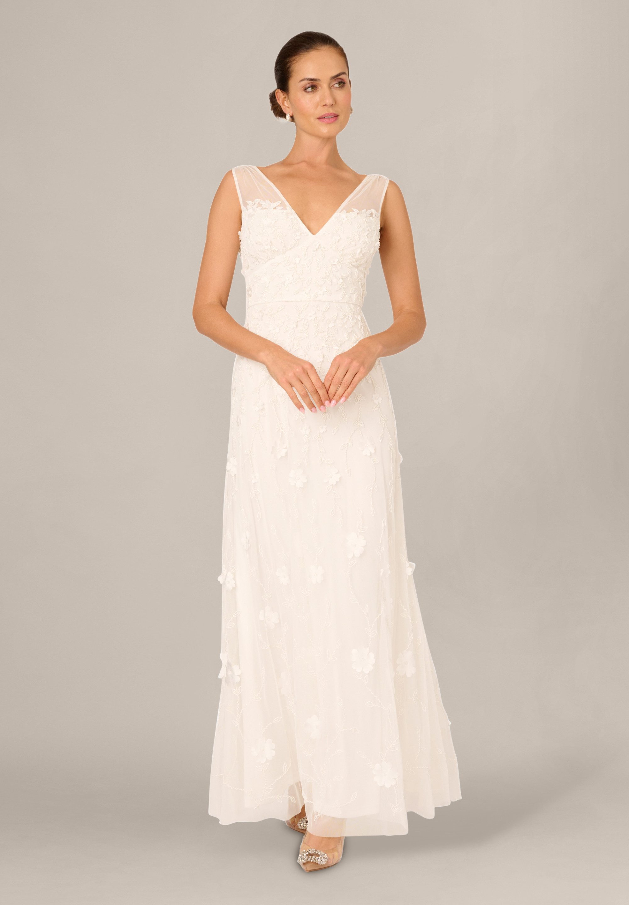 Adrianna Papell Abendkleid Flower Petal Bead Long Dress Bezauberndes Brautkleid aus Perlenstickerei und Mesh