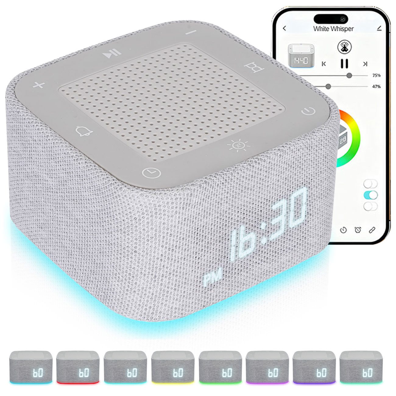 shop'n smile ideoon Wecker 2W White-Noise Wecker Bluetooth-Lautsprecher & RGB Nachtlicht USB 800mAh-Akku Auto-Off-Timer & Snooze Funktion dimmbares Display – Bild 2 von 5