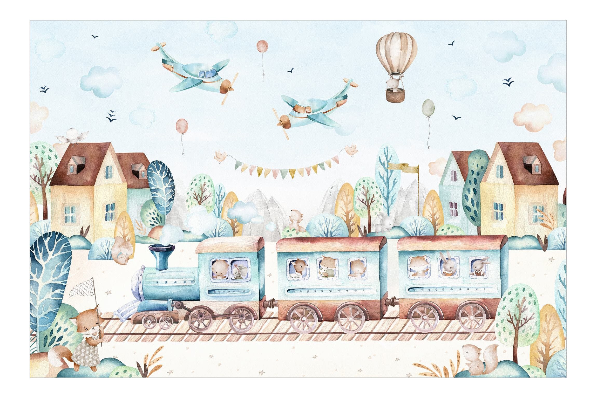 Bilderdepot24 Kindertapete Aquarell Eisenbahn Party Kinderzimmer, günstig online kaufen