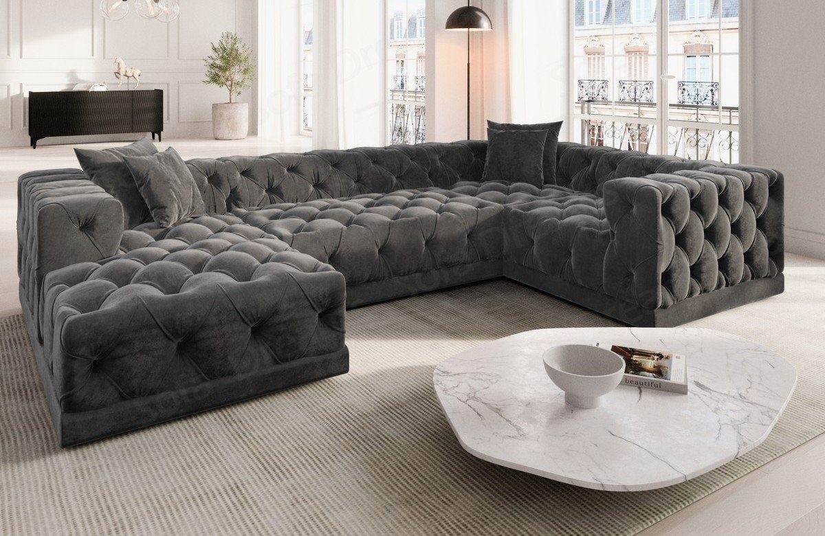 Designer Loungesofa, Stil U Dreams Sofa Stoff Samtstoff Stoffsofa, Wohnlandschaft Palma Chesterfield Sofa dunkelgrau92 Form