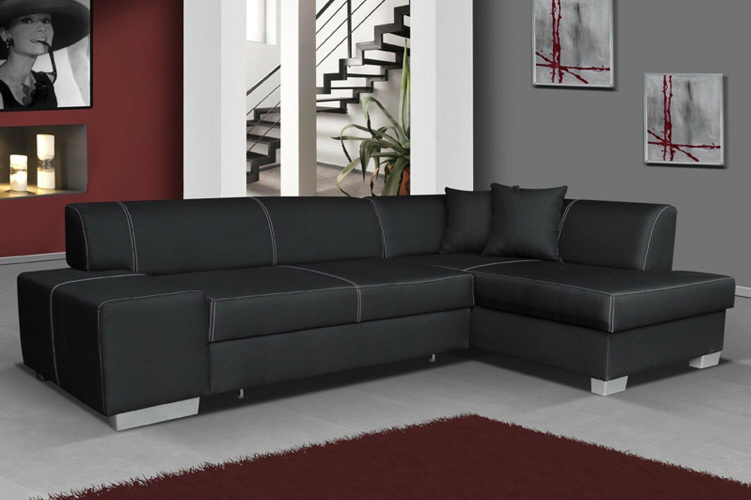 JVmoebel Ecksofa, Design Ecksofa Schlafsofa Bettfunktion Couch Leder Textil Polster Schwarz