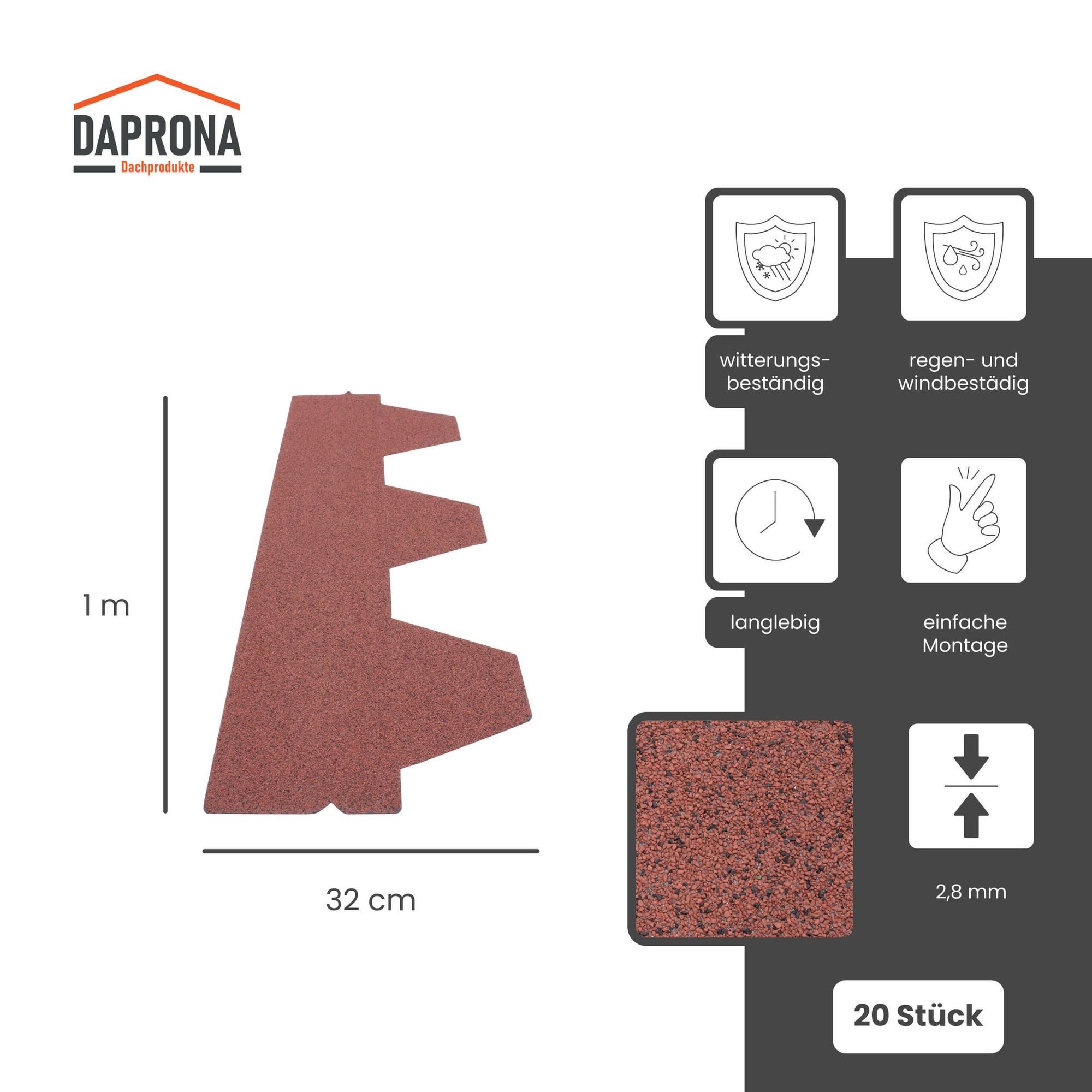 DAPRONA Dachschindeln Dachschindeln, Hexagonal Muster 1m x 32cm, Rot, (20-St), Bitumenschindeldach für Gartenhaus, Carport