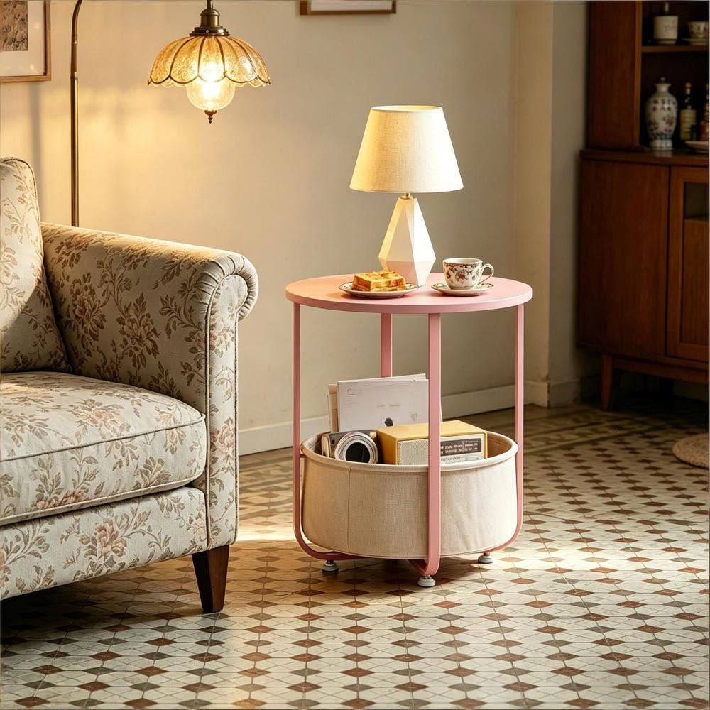 BBWL Couchtisch Beistelltisch Runder mit Stoffkorb, Metall-Holz Design, 45x50 cm, stabiler, moderner Stauraum Beistelltisch für Wohnzimmer Schlafzimmer