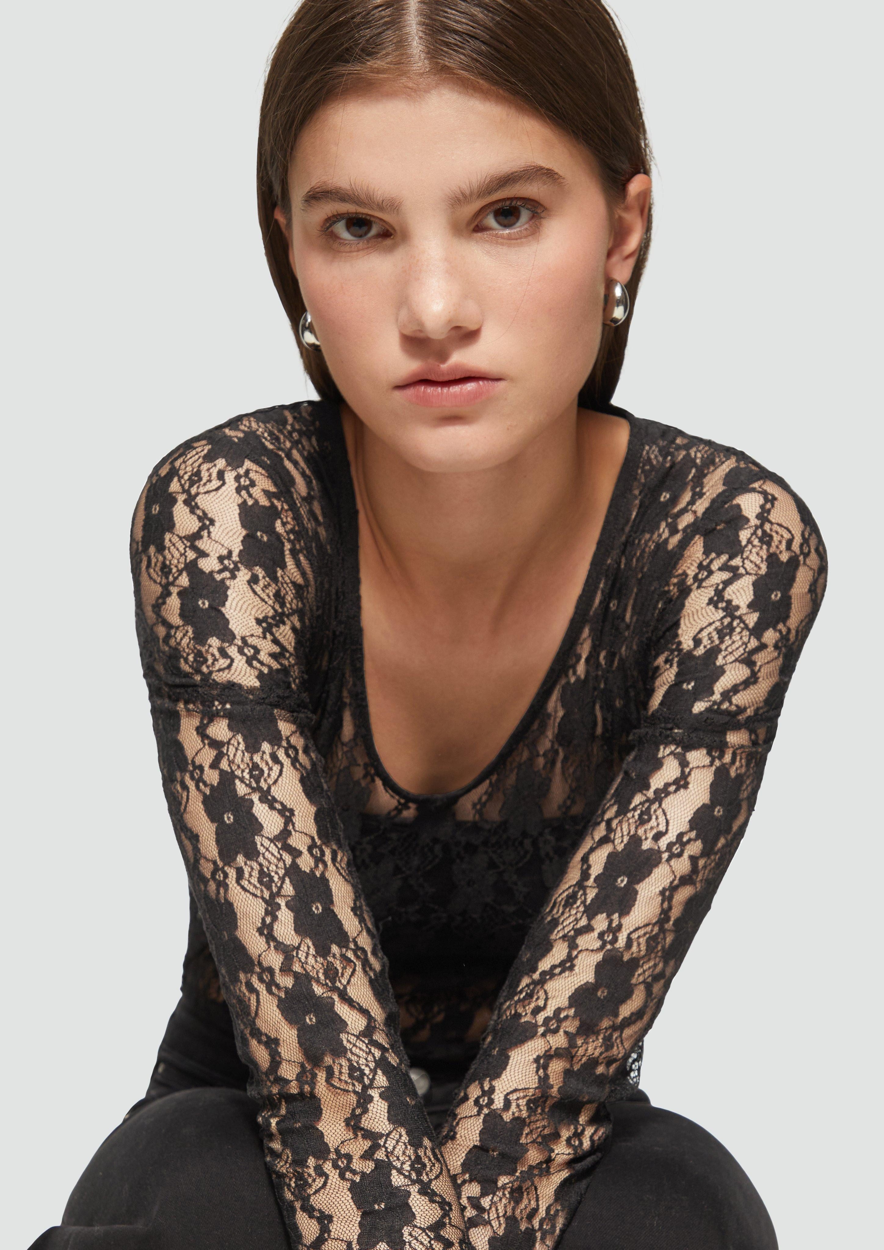 QS Langarmshirt Transparentes Spitzenshirt mit V-Ausschnitt günstig online kaufen