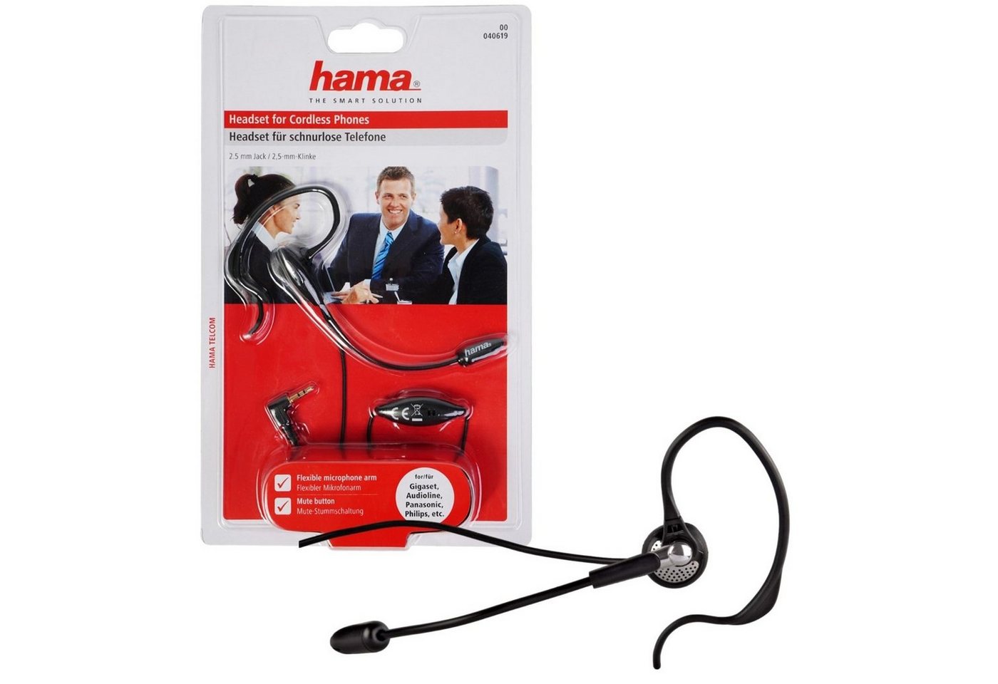 Hama Mono Headset Kopfhörer 2,5mm Klinke Ohrbügel Smartphone-Headset (Universal, Mikrofon, Stummschaltung, etc, Kein, Universal Klinken-Stecker passend für Gigaset DECT Telefon Festnetz)