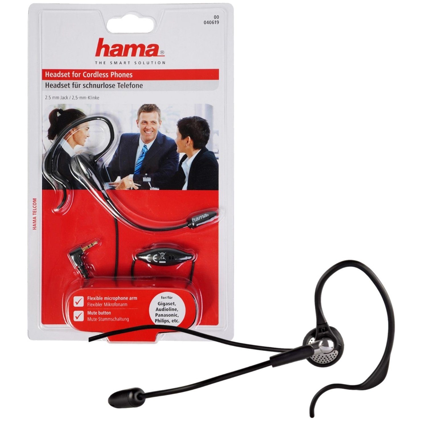 Hama Ohrbügel Headset für schnurlose Telefone, 2,5-mm-Klinke Headset,  Flexibler Mikrofonarm erlaubt eine angenehme und optimale Positionierung | Kopfhörer