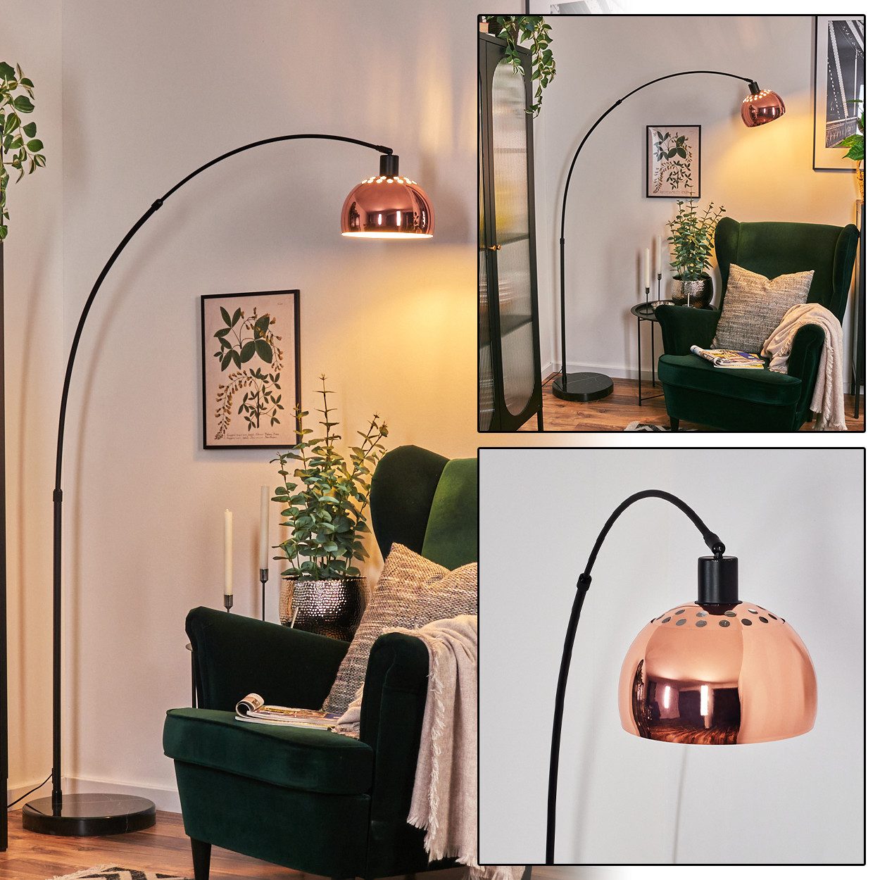 Bogenlampe Stehlampe aus Metall mit Marmorfuß in Schwarz/Kupferfarben/Weiß