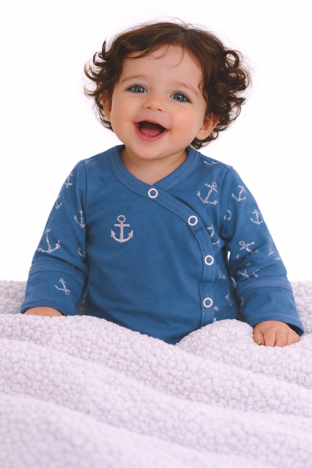 Wickelbody Baby Body Langarmbody mit Kratzschutz in Blau mit Ankermuster
