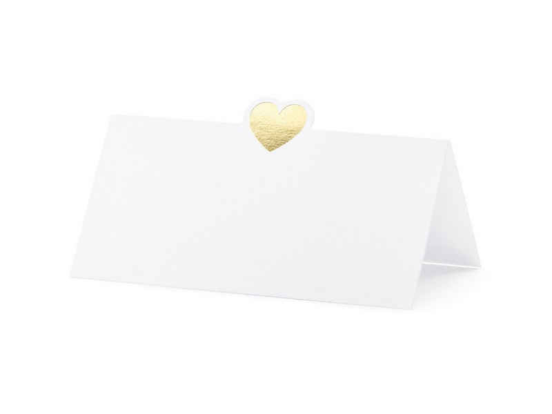 partydeco Papierdekoration, Tischkarten mit Herz 10x5cm blanko 10 Stück weiß / gold