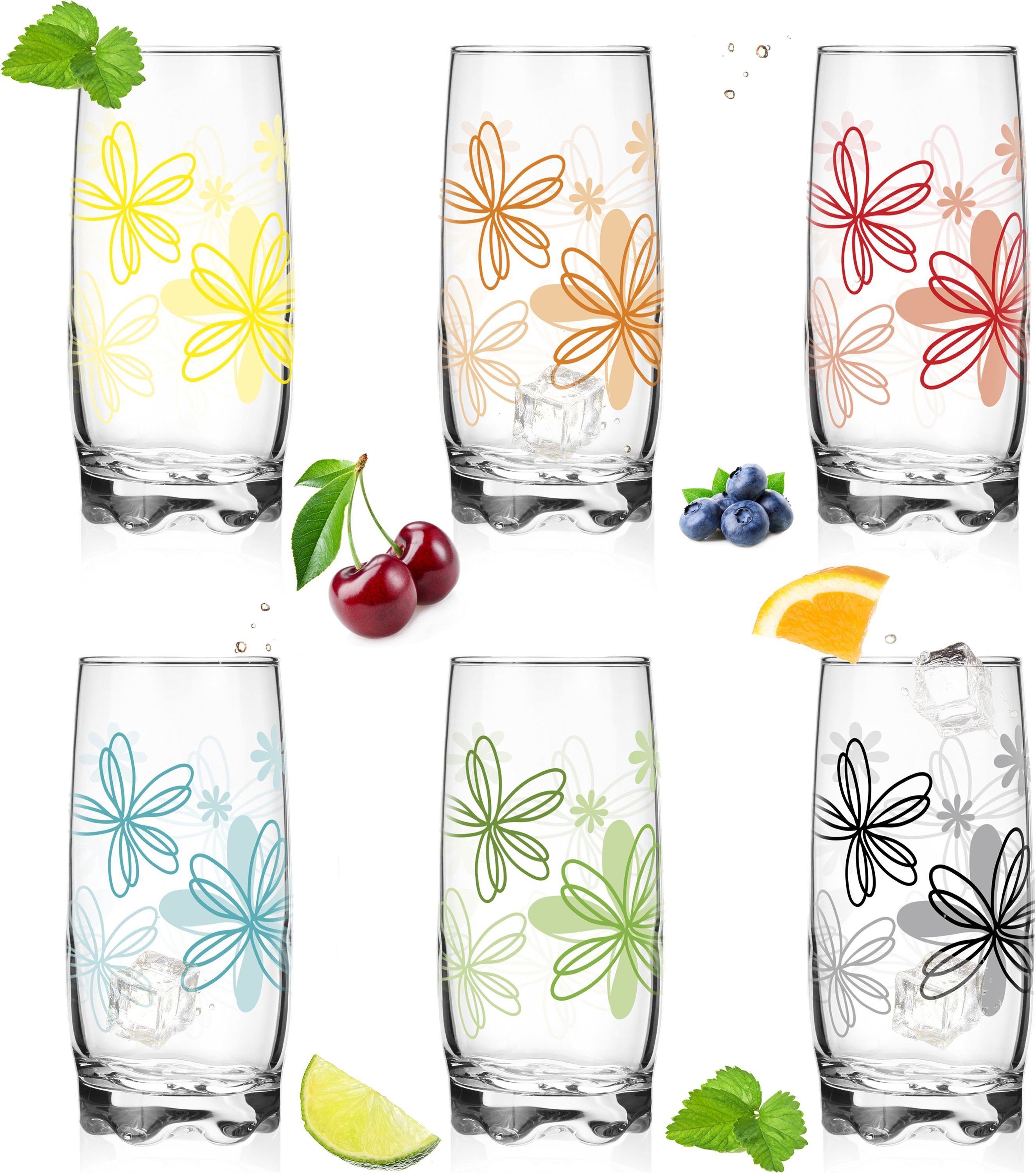 PLATINUX Glas Trinkgläser mit Blumen Dekor und geformten Boden, Glas, 350ml Склянки для води Saftgläser Frühstücksglas