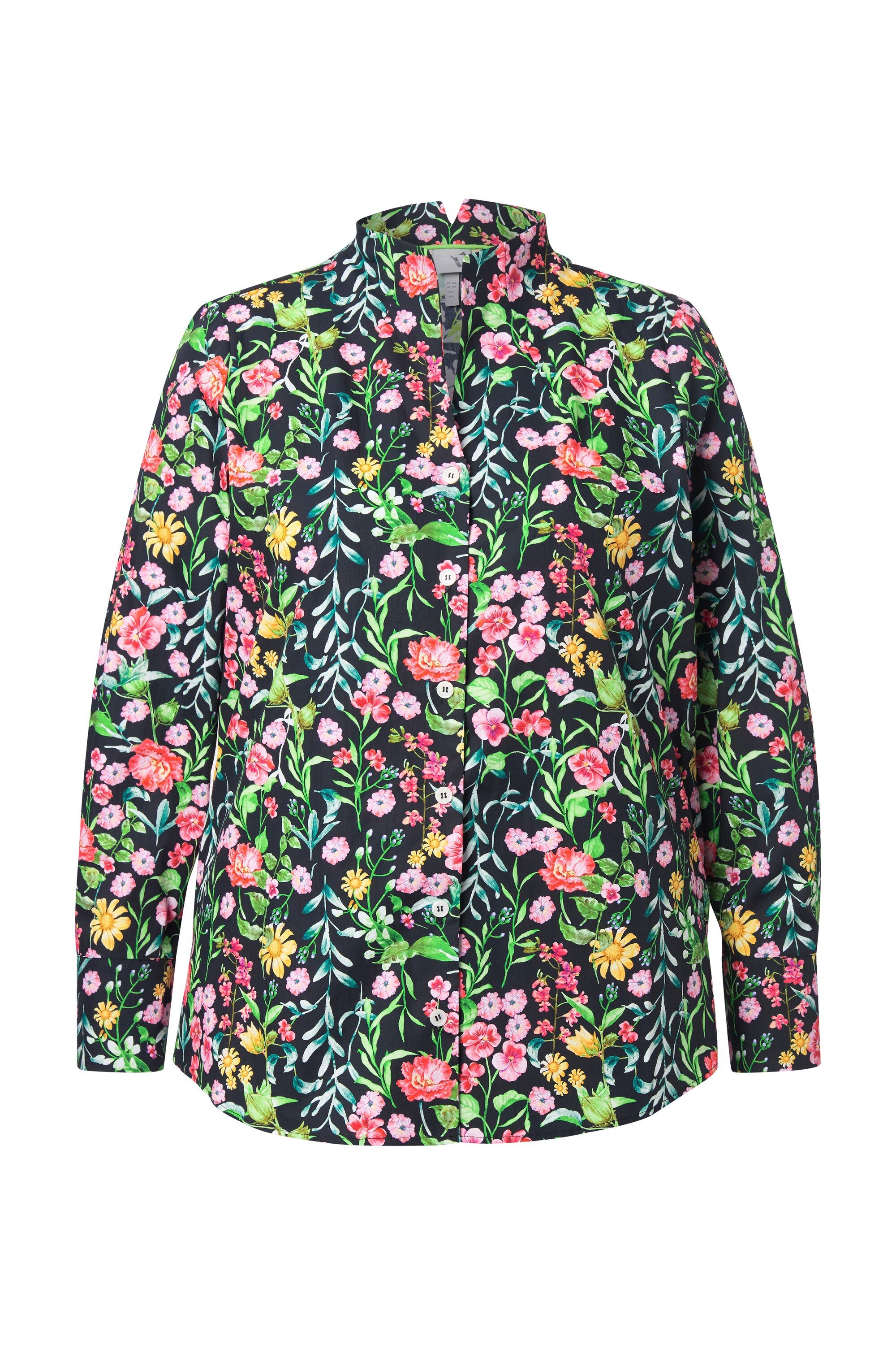Longbluse Bluse Blüten Kelchkragen V-Ausschnitt Langarm