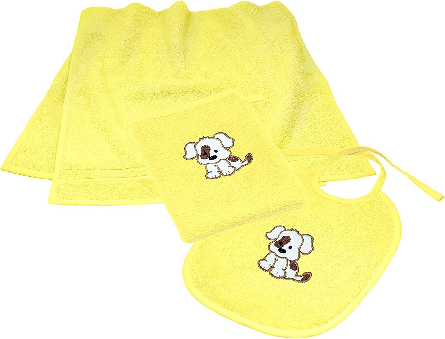 Handtücher (Set, Frottee gelb 3-tlg) und Hund Neugeborenen-Geschenkset Mädchen mit Lashuma Sabberlatz Jungen