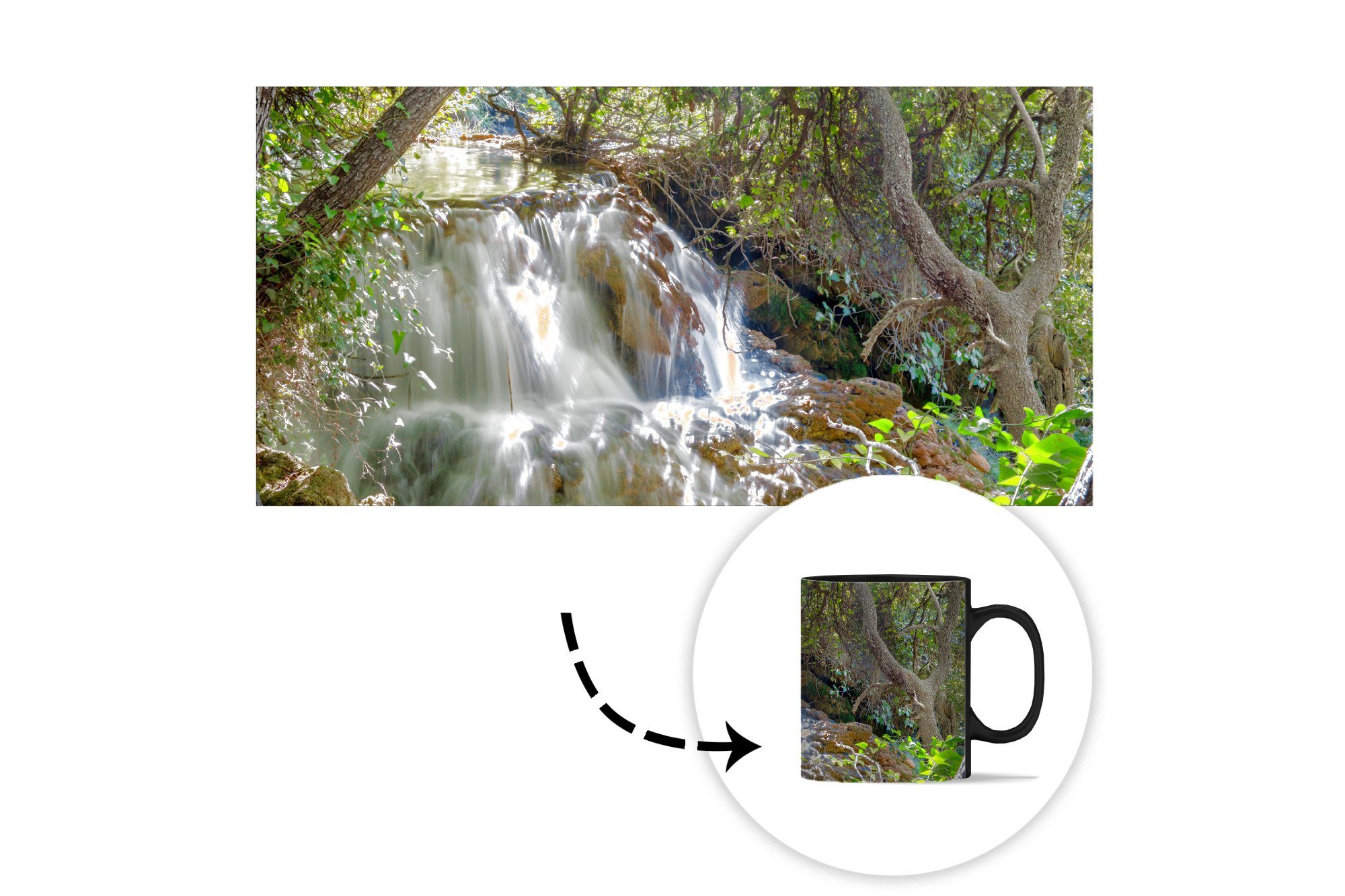 Teetasse, in, Geschenk Krka-Nationalpark Tasse den Wasserfall Ein MuchoWow im Farbwechsel, Keramik, Kaffeetassen, zwischen Baumstämmen Zaubertasse,
