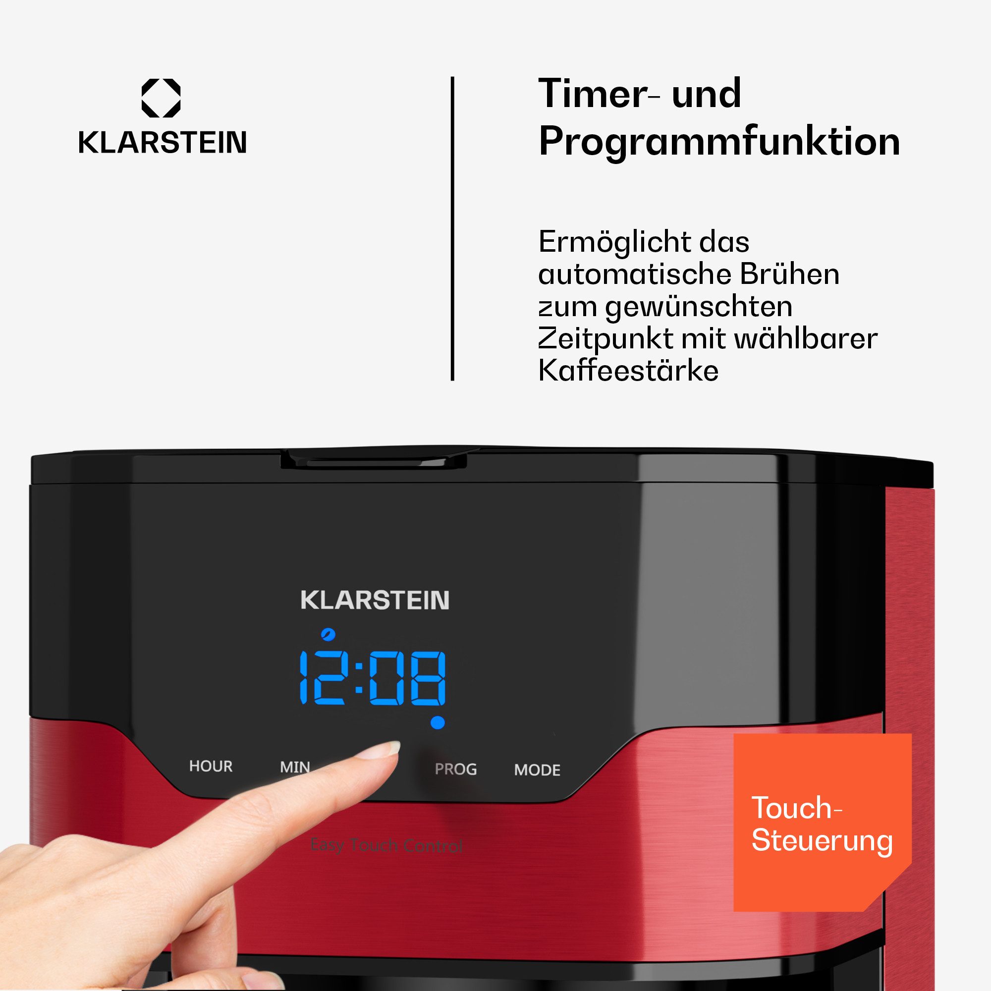 Klarstein Filterkaffeemaschine 10035588, 1.2l Kaffeekanne, Leichte Bedienung: EasyTouch Control Bedienoberfläche und LC-Display