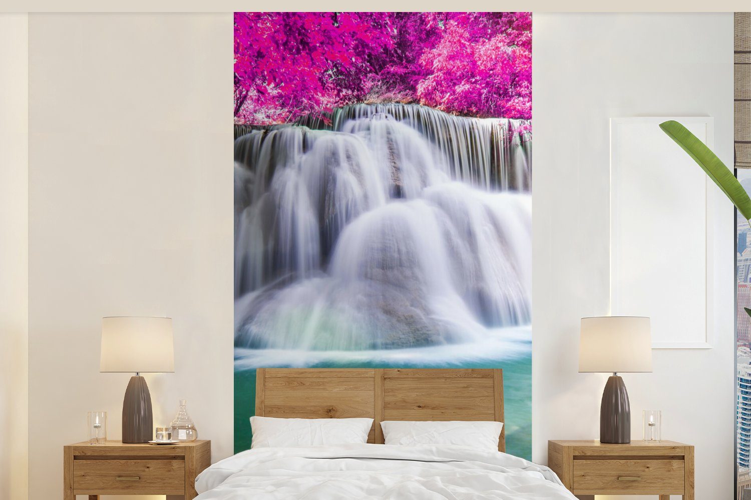 MuchoWow Fototapete Wasserfall - Rosa - Bäume, Matt, bedruckt, (2 St), Vliestapete für Wohnzimmer Schlafzimmer Küche, Fototapete