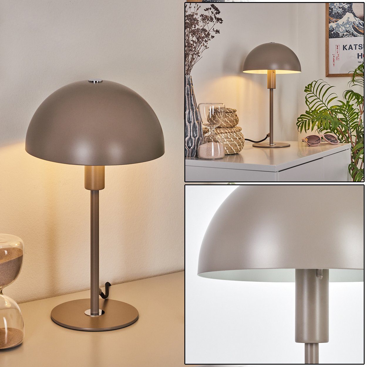 hofstein Tischleuchte moderne Nachttischlampe aus Metall in Grau/Weiß, ohne Leuchtmittel, runde Tischlampe, Ø 20 cm, Höhe 35 cm, mit An-/Ausschalter, 1 x E14