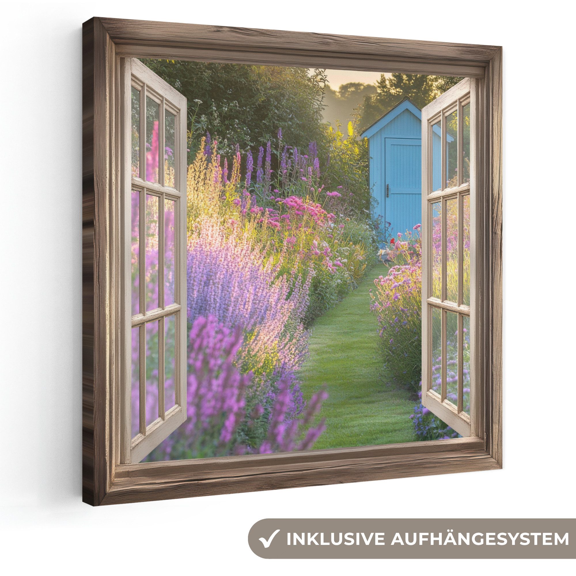 OneMillionCanvasses® Leinwandbild Fensterblick - Fenster - Blumen - Fenster - Natur, Fotodruck (1 St), Wandbild, Deko Schlafzimmer Wohnzimmer Flur 20x20 cm