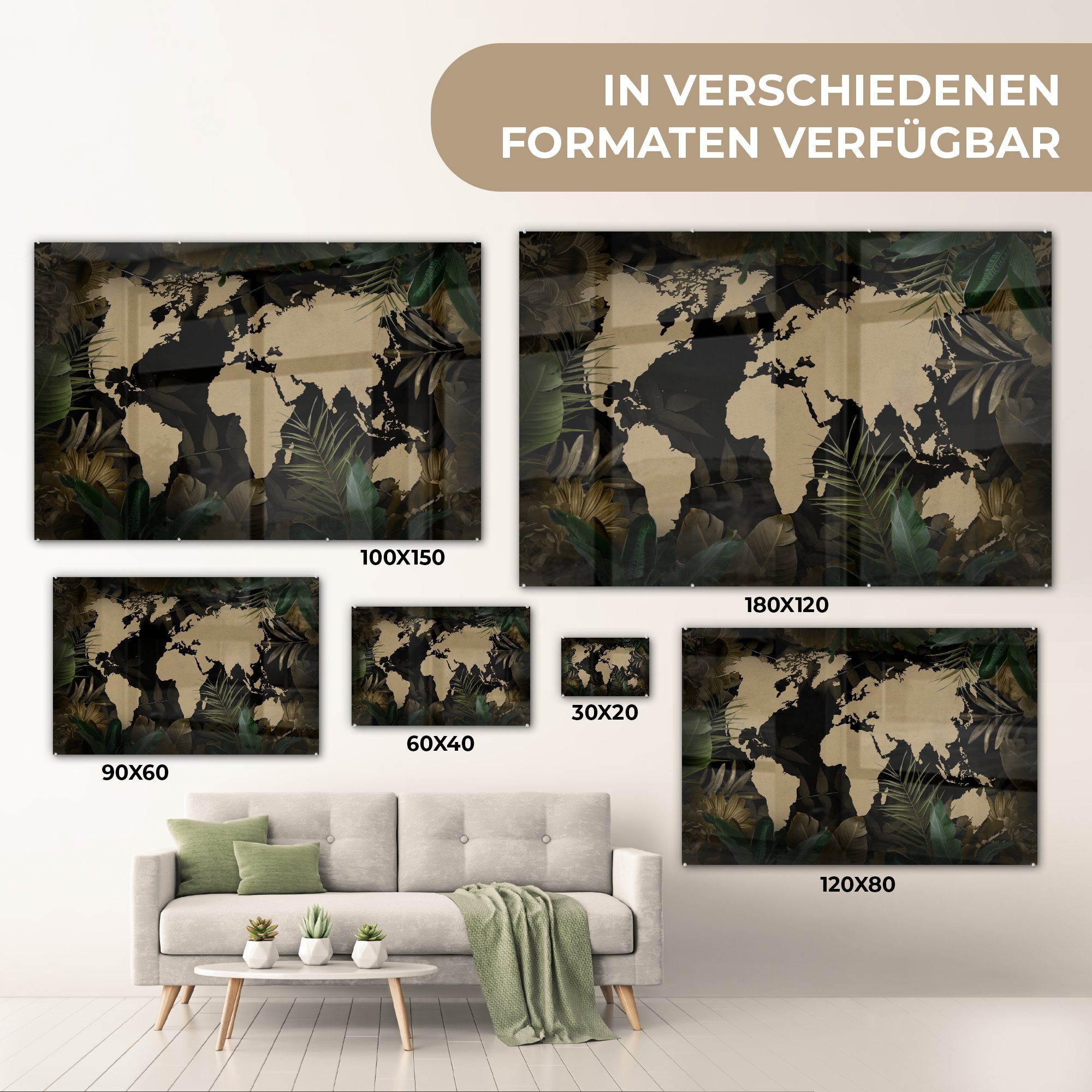 MuchoWow Acrylglasbild Weltkarte - Tropische - Glas Blumen, (1 - Glasbilder Foto Glas Wandbild Bilder Wanddekoration - Pflanzen - auf auf St)