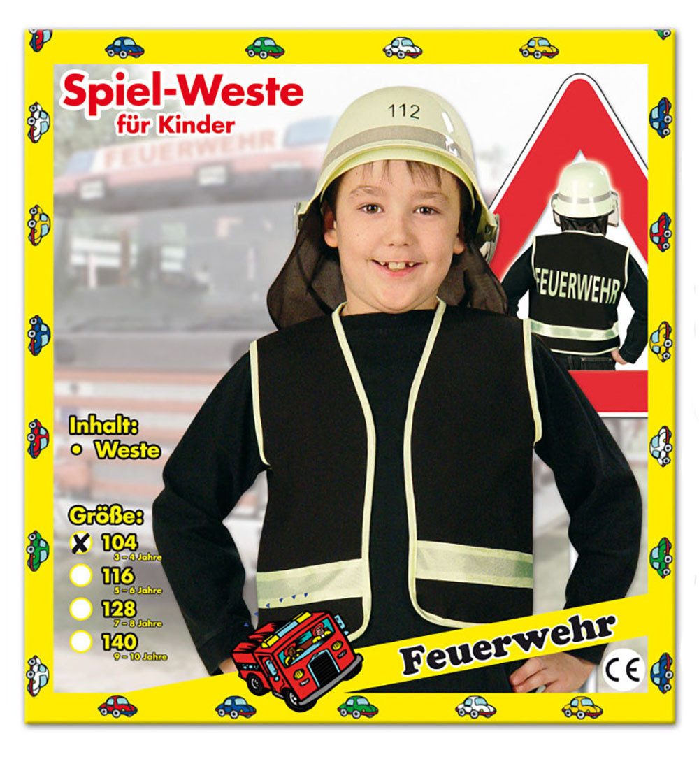 Fries Kostüm Kinder Spielweste Feuerwehr Schwarz Gr. 104 bis 140 Karneval Fasching