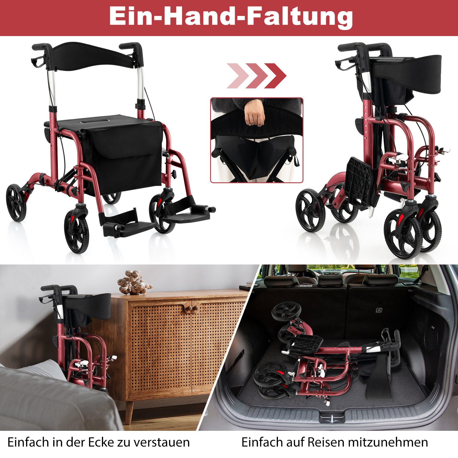 COSTWAY Gehstock, 6-fach höhenverstellbar, bis 136kg, mit Tasche & 2 Bremsen