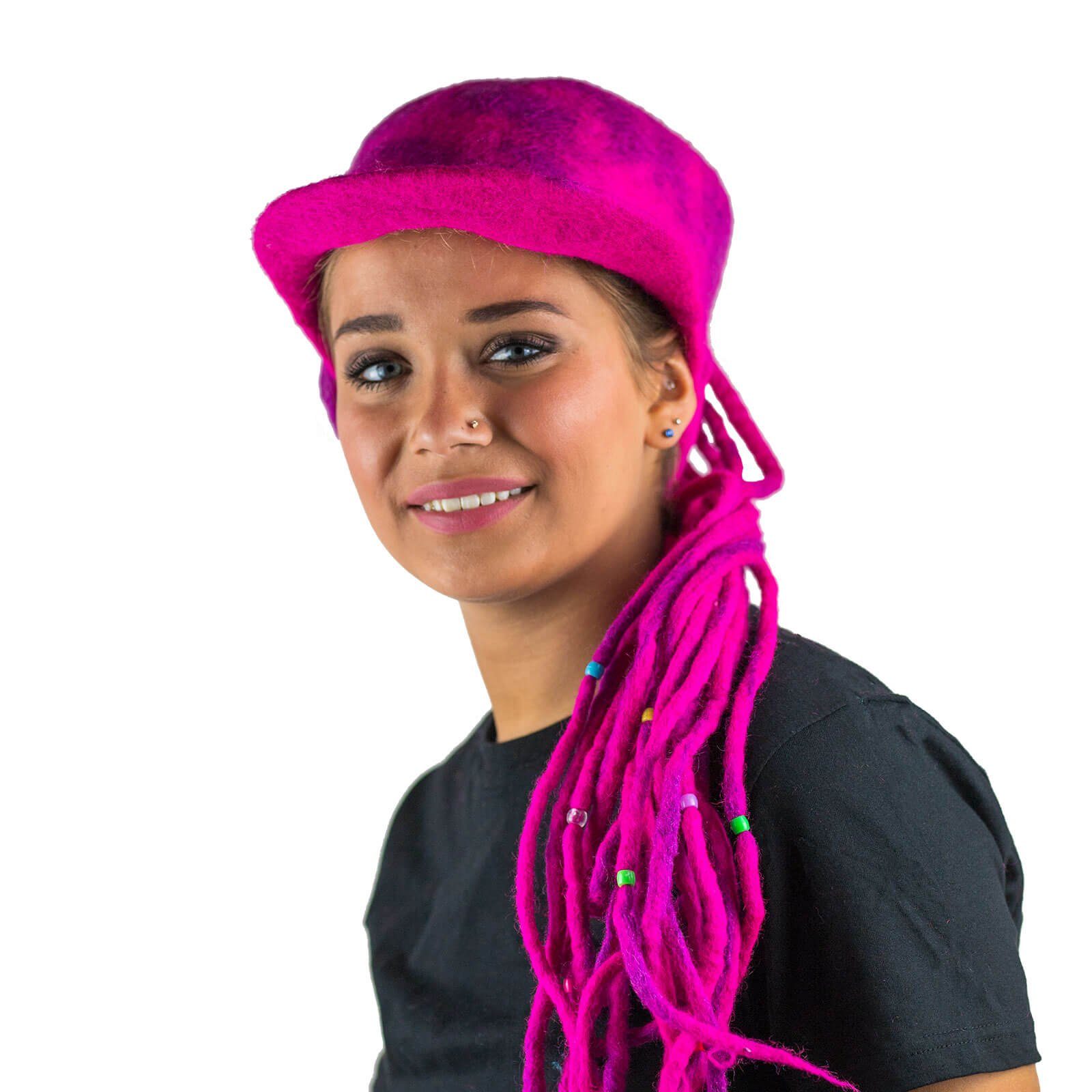 KUNST UND MAGIE Bunter Filzhut Hippie Filz Ballonmütze Magie Pink Dreadlock Kunst Hut und Goa aus