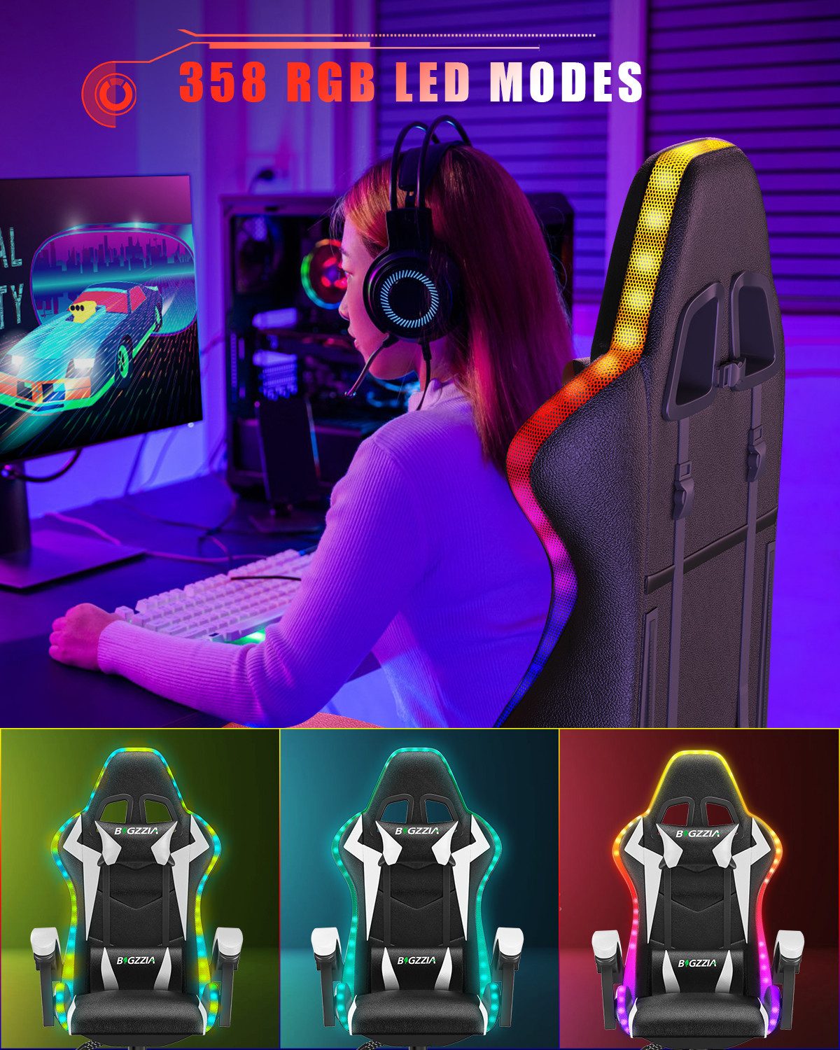 Gywowken Gaming-Stuhl mit LED - Gaming Chair Ergonomisch - 90-155° Rückenlehne