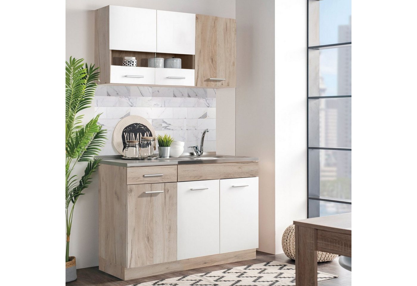 Homestyle4u Küchenzeile ohne Geräte 120 cm Singleküche Küchenschränke matt Weiß Eiche Braun, (Oberschränke, Unterschränke, 2 Arbeitsplatten, Einbauküche), Küchenblock, Einbauküche, Miniküche
