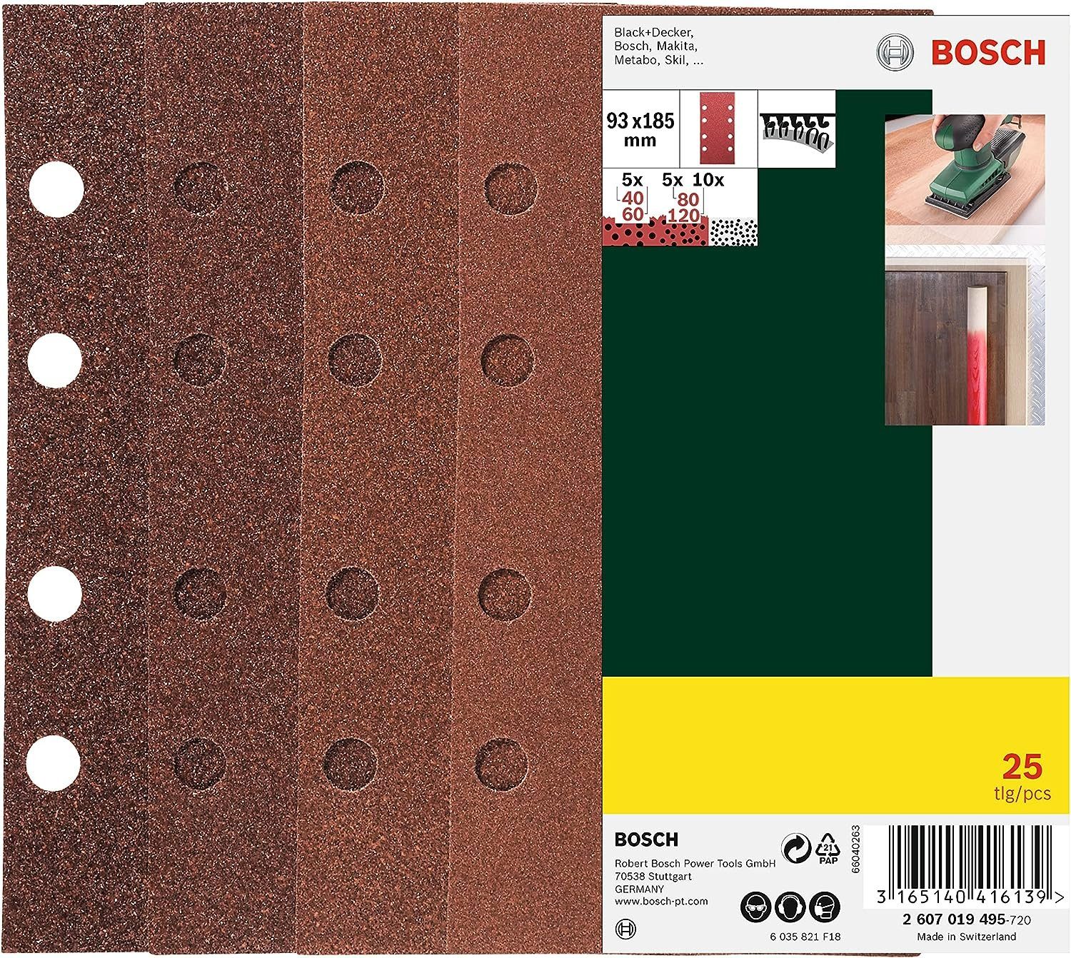 Schleifpapier Schleifblatt Set 25 Stück 93 x 185 mm, 60/80/120, 8 Löcher Klett