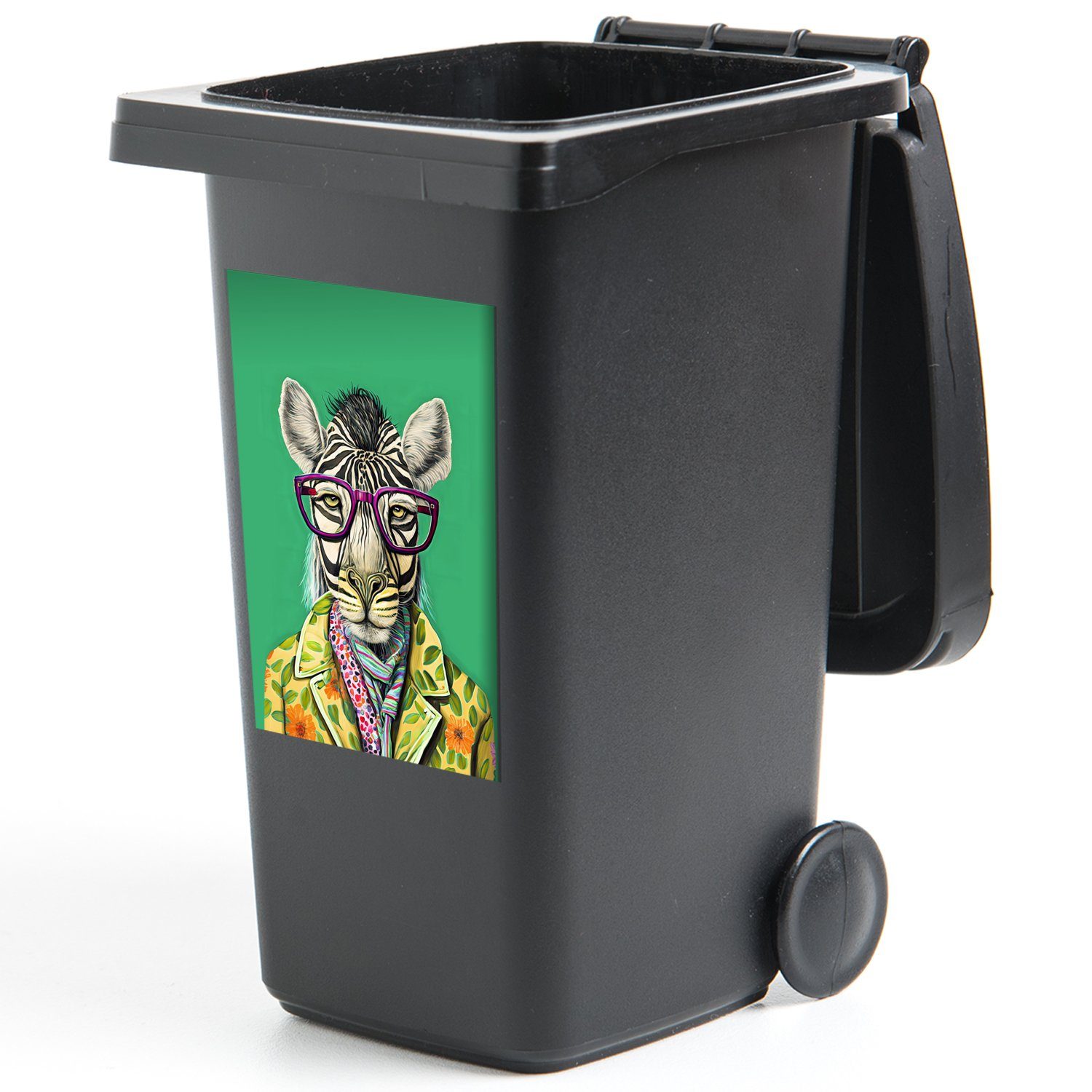 MuchoWow Wandsticker Zebra - (1 Mülltonne, St), Abfalbehälter Sticker, Tiere - Brille Hippie Mülleimer-aufkleber, Container, 