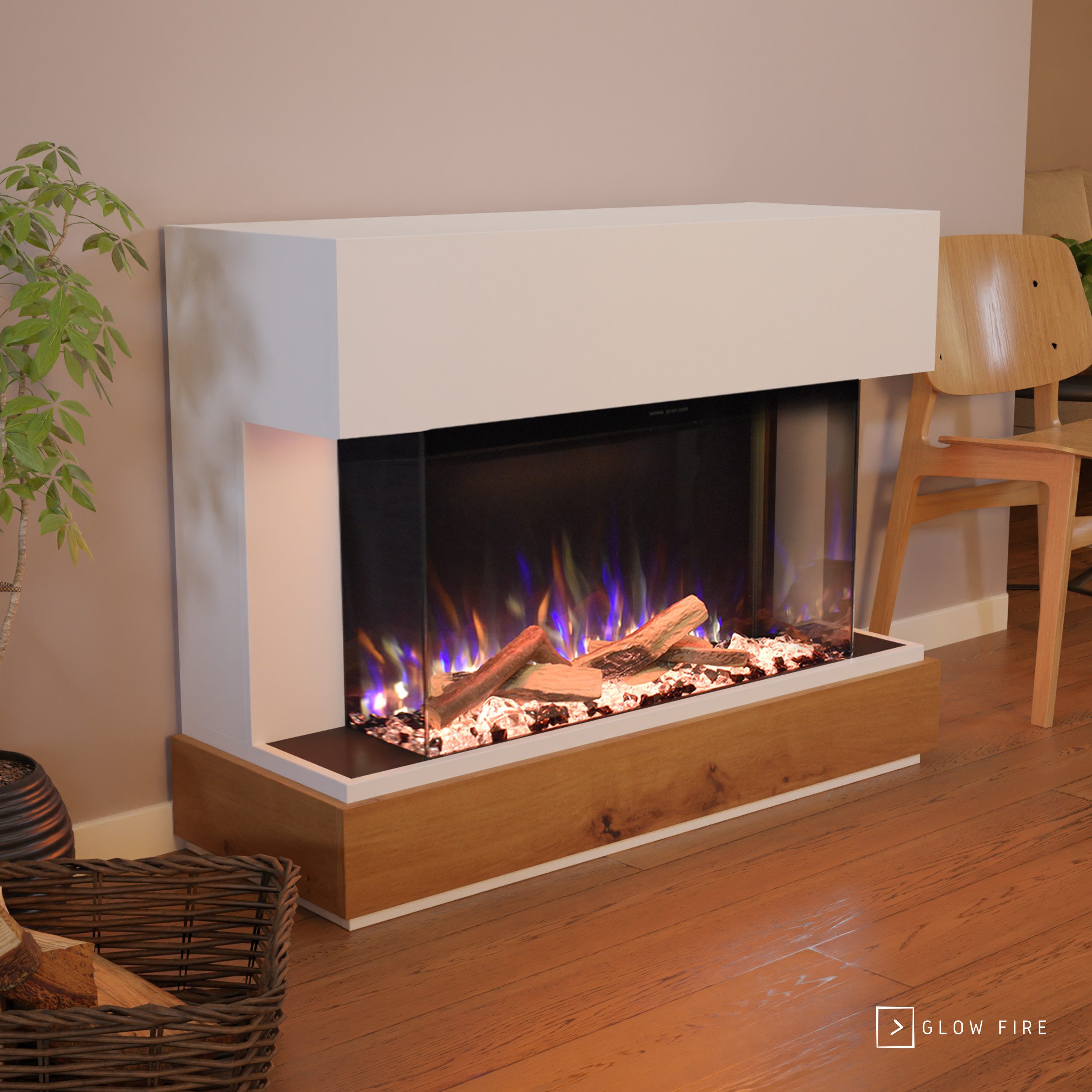 GLOW FIRE Elektrokamin Curie E-Motion 3D, Elektrischer Kamin mit 3D Feuer mit Heizung, täuschend echte Flamme mit Heizung, 3 Dekorationen