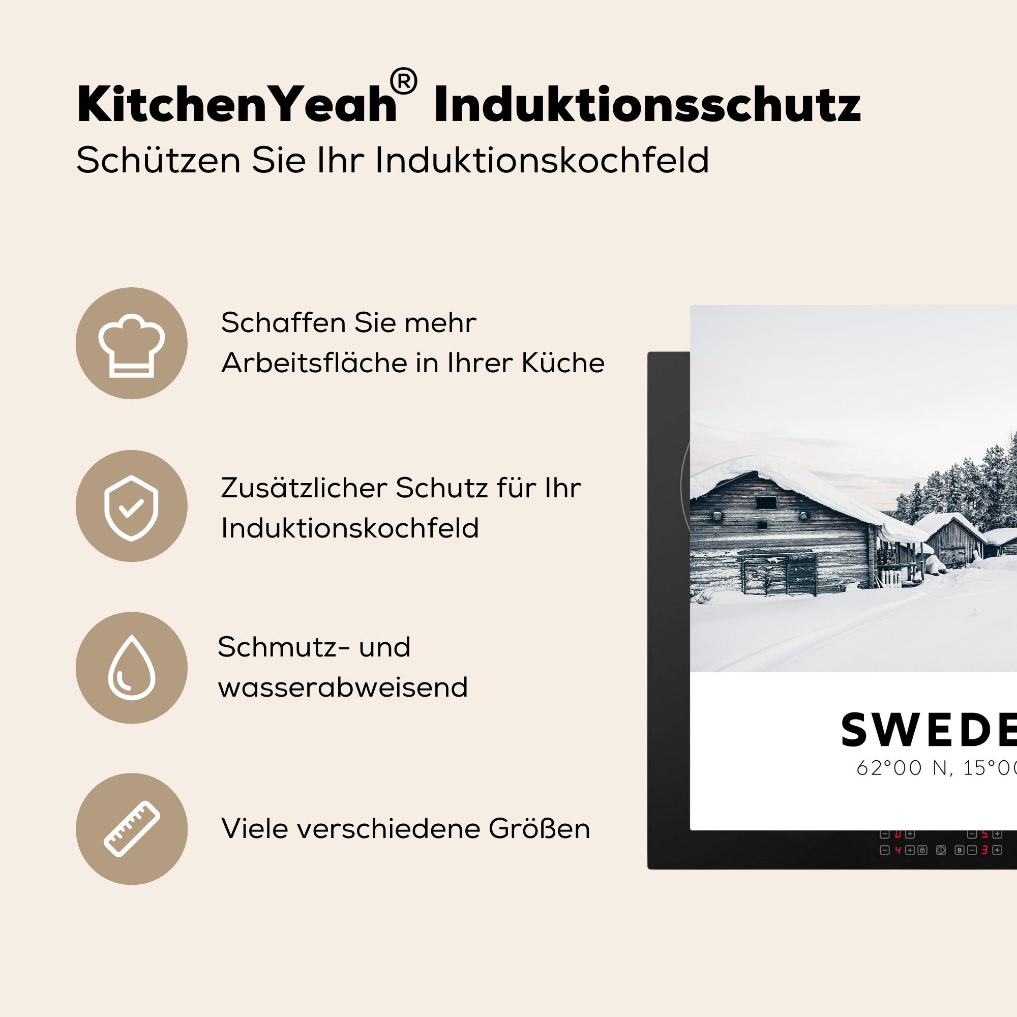 Arbeitsplatte tlg), Ceranfeldabdeckung, Skandinavien Schweden Herdblende-/Abdeckplatte für küche - - - (1 cm, Vinyl, Schnee MuchoWow 78x78 Winter,