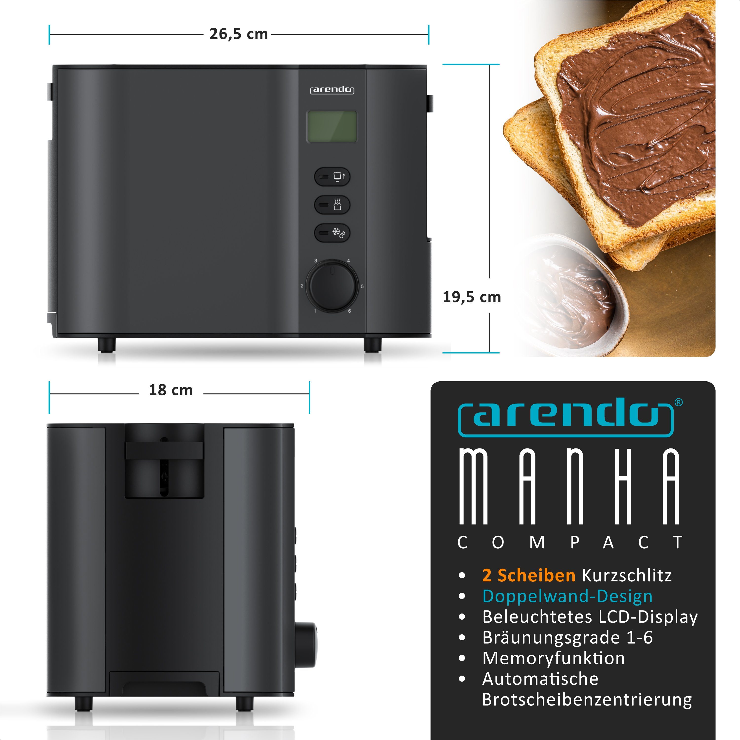 Arendo Toaster Edelstahl, 2 Scheiben Kurz, Kurzschlitz, Display, Restzeitanzeige, 2 kurze Schlitze, für 2 Scheiben, 800 W, Integrierter Brötchenaufsatz, Doppelwandgehäuse Wärmeisoliert