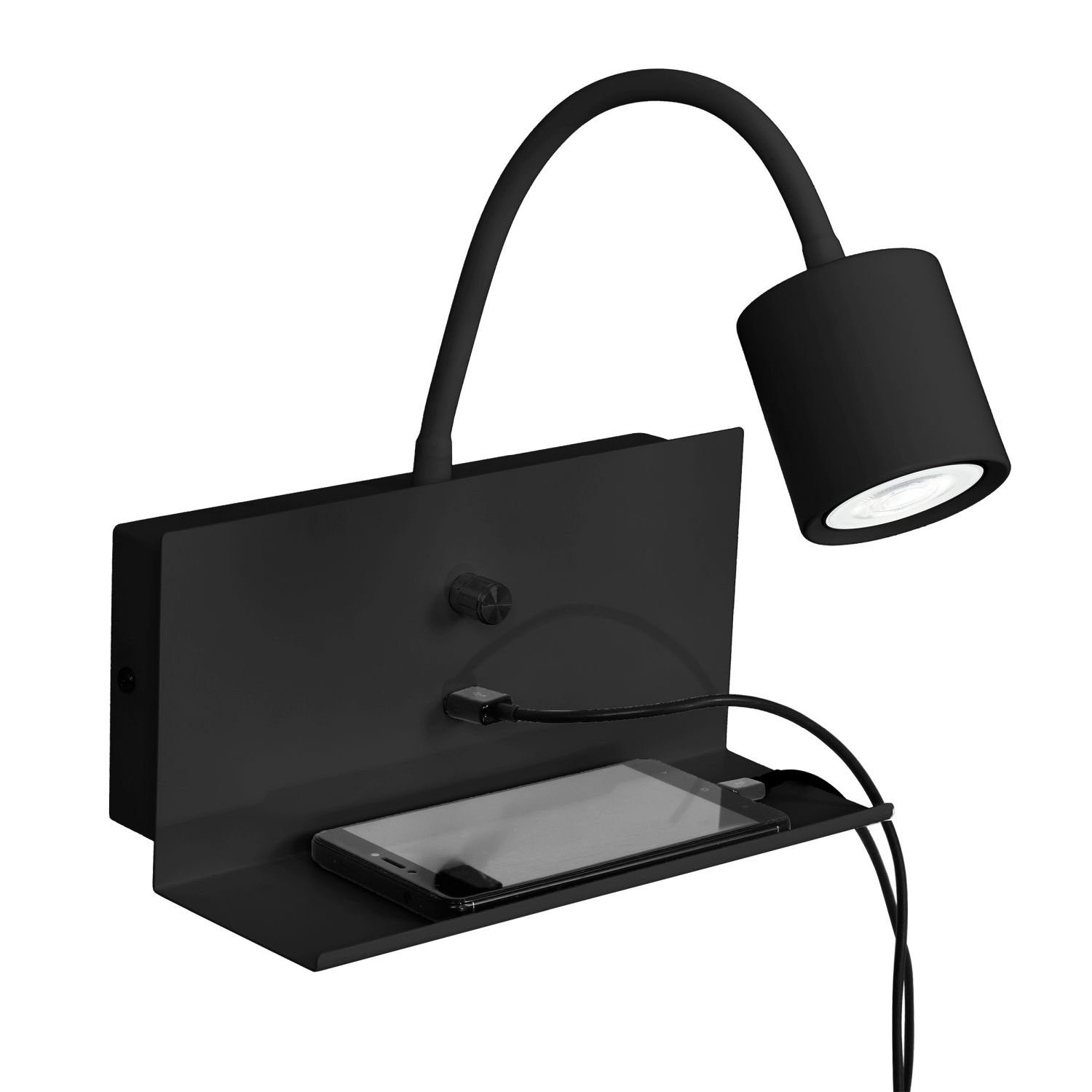 Wandleuchte Schwanenhals Licht-Erlebnisse Ablage, verstellbar WIOMA, Schwarz ohne Leuchtmittel, USB Mit Ladefunktion, HU10