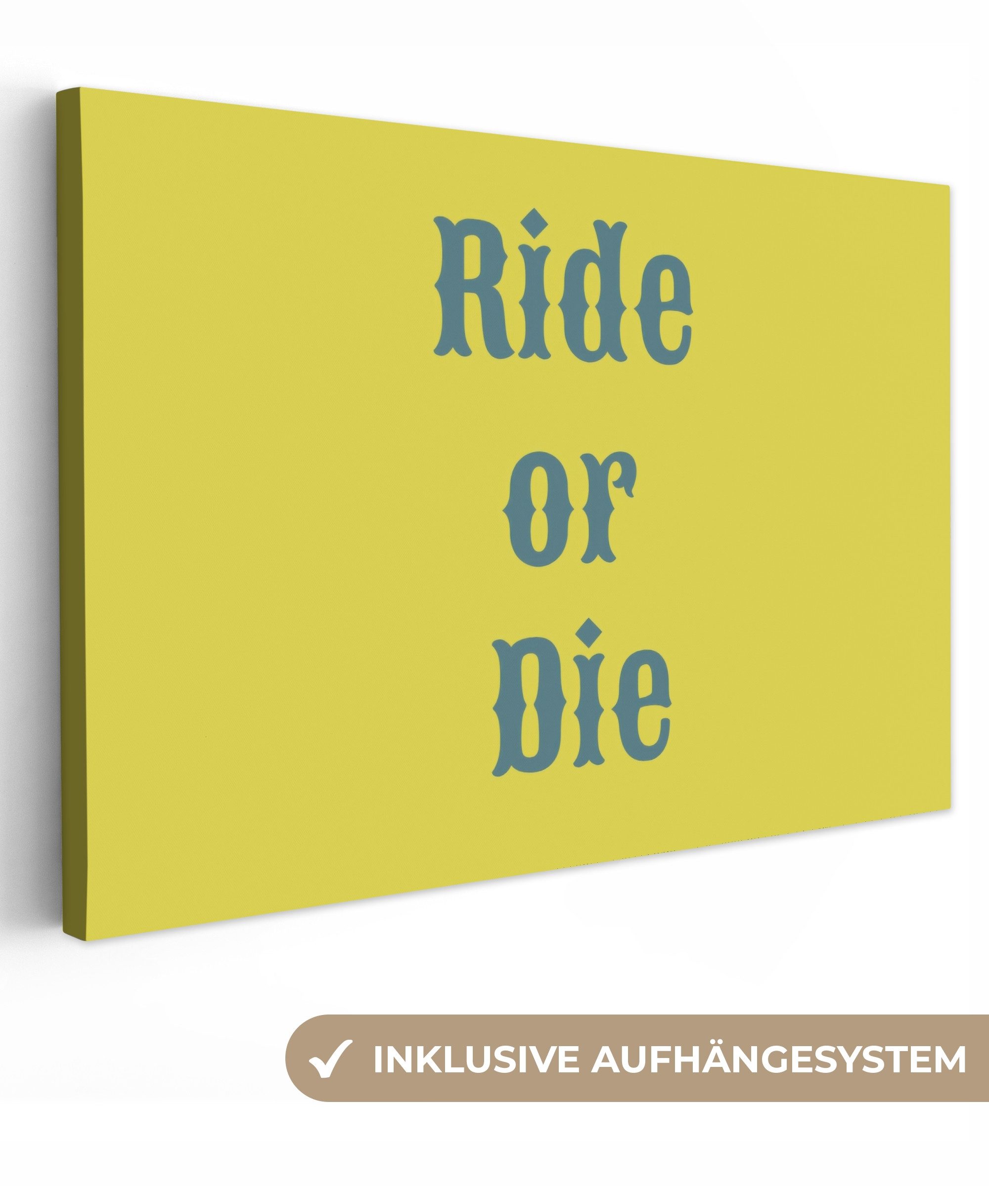 OneMillionCanvasses® Leinwandbild Reiten oder sterben - Gelb - Blau, Fotodruck (1 St), Leinwandbilder XXL Wohnzimmer, Deko Aesthetic 150x100 cm