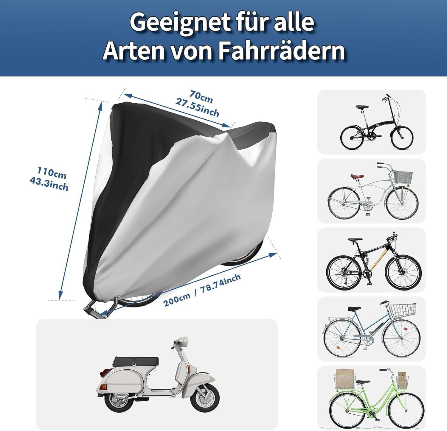 ibettertec Fahrradschutzhülle,Fahrradabdeckung Fahrrad Abdeckungen Fahrradgarage Plane Wasserdicht (mit Verriegelungsloch, 1-St., 200×70×110cm Fahrrad Garage Schutzhülle Abdeckplane Fahrradplane), Wetterfest Winterfest Oxford Regenschutz Schutzbezug Motorrad Fahrrad), Wasserdicht, isoliert, staubdicht.