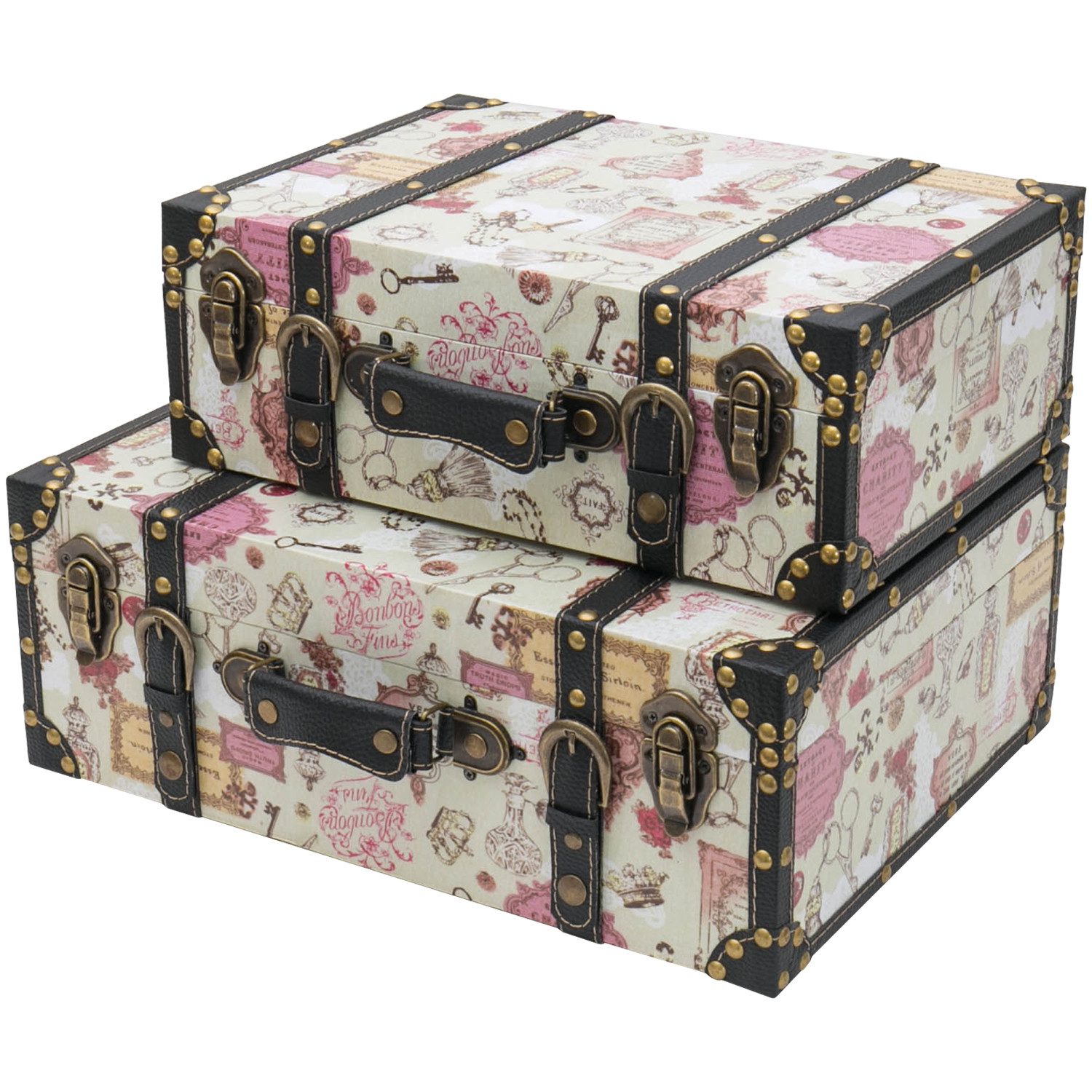 HMF Aufbewahrungsbox Vintage Koffer Holz, Aufbewahrungsbox mit Deckel und Ledergriff als (2er Set), Geschenkidee für Hochzeit oder Geburtstag, Barock, 38 + 44 cm