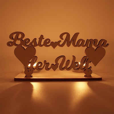 Namofactur Teelichthalter Beste Mama der Welt - Schriftzug aus Holz mit Herzen (2-teilig), Deko Kerzenständer aus Holz für 2 Teelichter - Muttertagsgeschenk