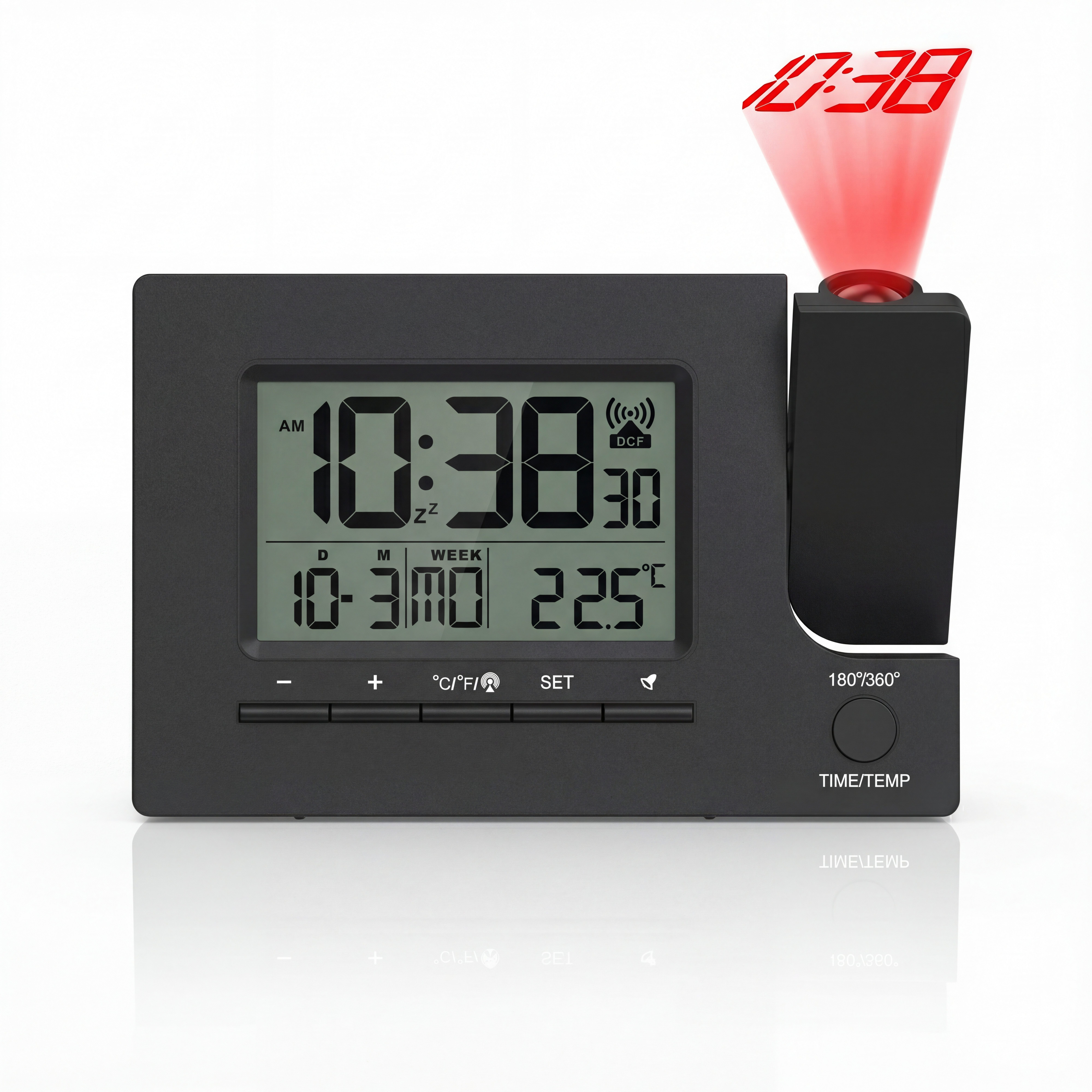 BEARWARE Projektionswecker Digitaler Tischwecker mit Projektion, USB-Ladeport & Temperaturanzeige Funkuhr mit 180° Projektionsfunktion, Dual-Alarm & weißem LCD-Display
