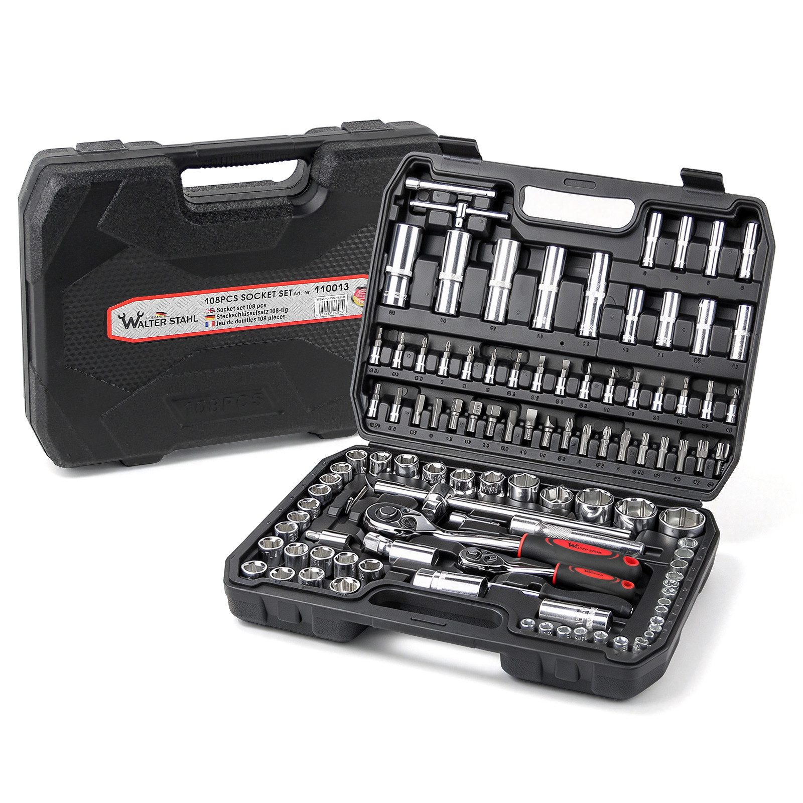 Walter Stahl Germany control Steckschlüssel Steckschlüsselsatz 108 tlg-599 tlg Ratschenkasten 1/4"+1/2"+3/8" (Packung, 108 St., 108/172/215/409/599-tlg), Mit Ratschen, Steckschlüssel und Bitsatz,Steckdosen,Werkzeugkoffer