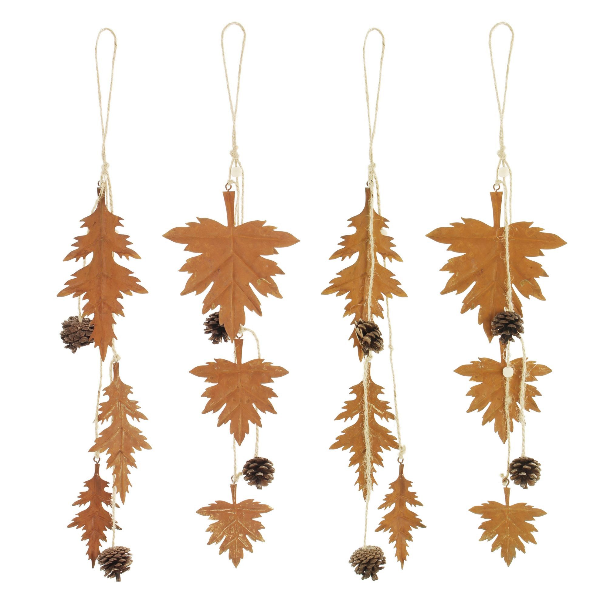Dekoleidenschaft Dekohänger "Herbstblätter" aus Metall in Rost-Optik, 45 cm hoch, Herbstdeko (4er Set), verziert mit Naturzapfen und Holzperlen, Hängedeko, Girlande