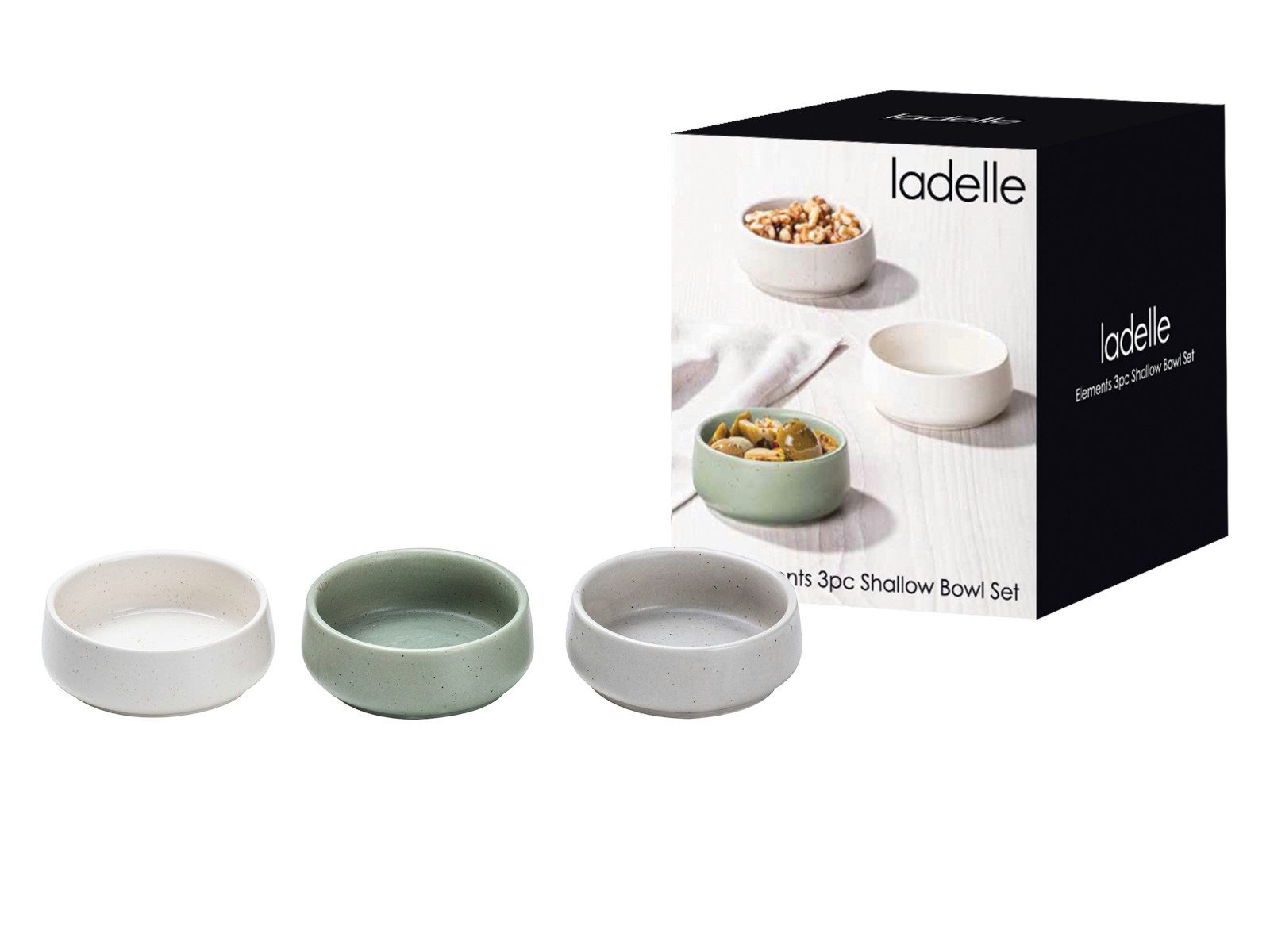Ladelle Servierschüssel ELEMENTS Schalenset flach assortiert Set3, Steinzeug, (Schüsseln & Schalen), Elements Assorted Shallow 3pk Bowl Set 9.4x9.4x3.5cm