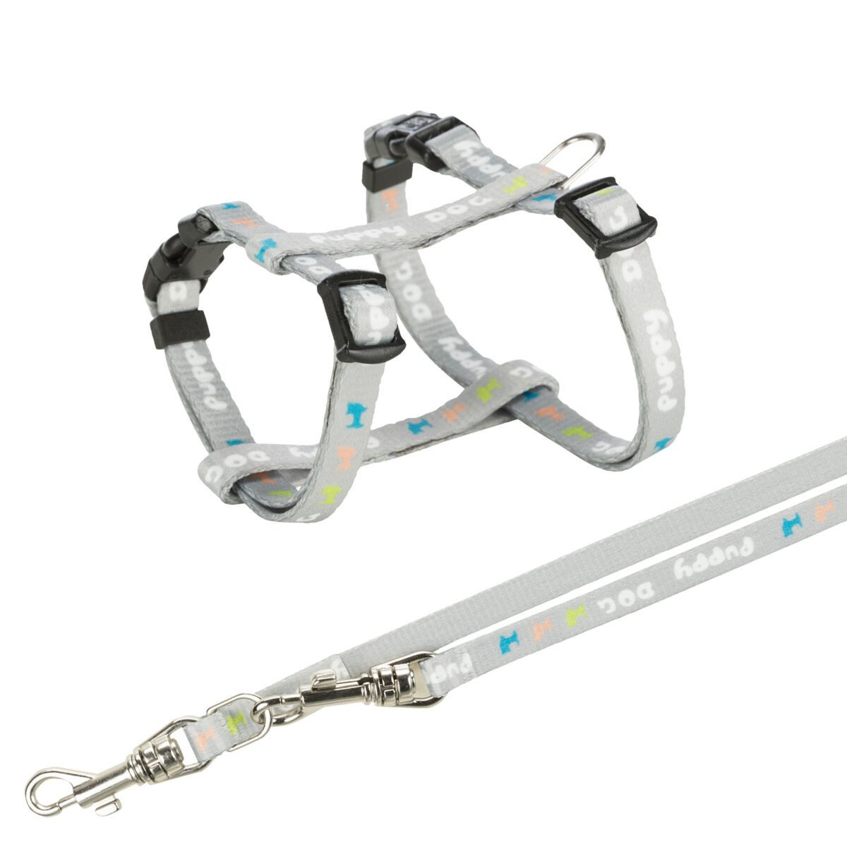 TRIXIE Hunde-Geschirr Junior Welpen-H-Geschirr mit Leine - hellgrau - 27–45 cm/10 mm, Gurtband
